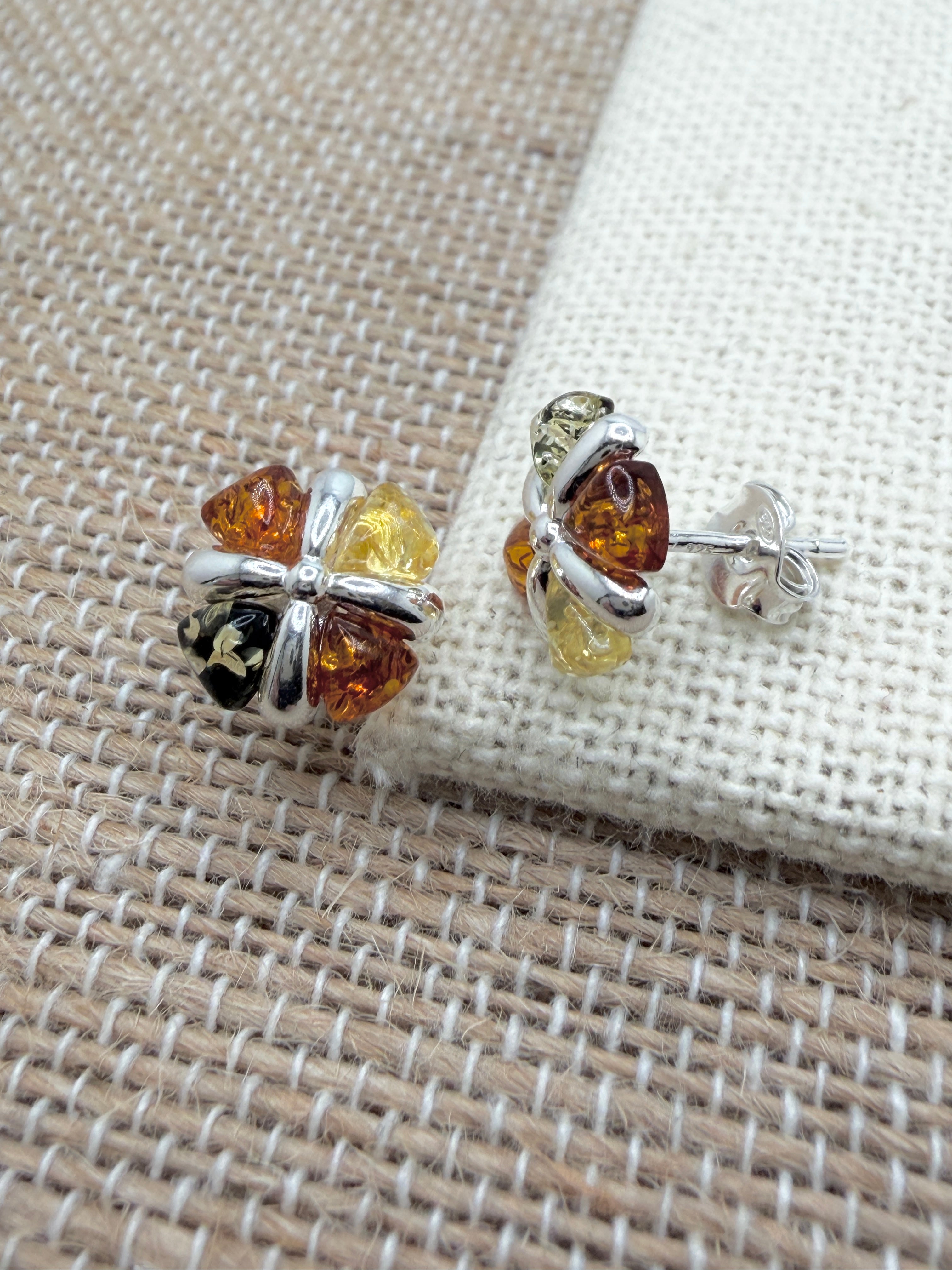 Sterling Silver Amber Trio Studs – Honey, Cognac & Lemon Amber Earrings (10mm) - Lightweight Everyday Post Earrings in Silver