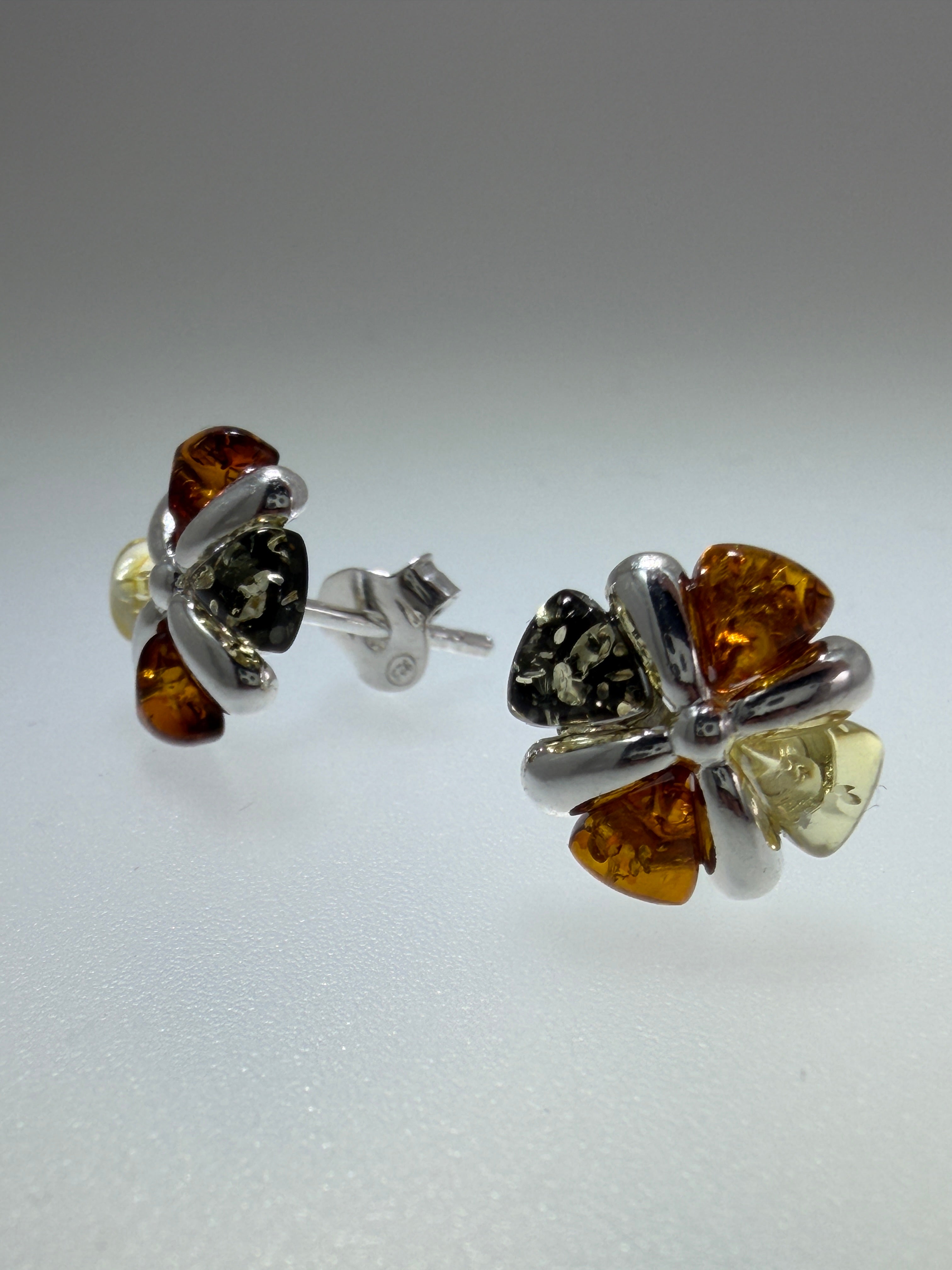 Sterling Silver Amber Trio Studs – Honey, Cognac & Lemon Amber Earrings 