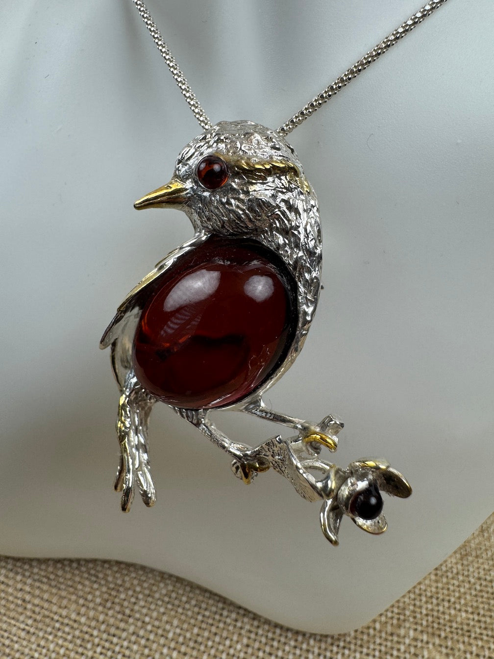 Sterling Silver Baltic Amber Bird Pendant Brooch – Cognac or Butterscotch Cabochon & Gold-Plated Accents