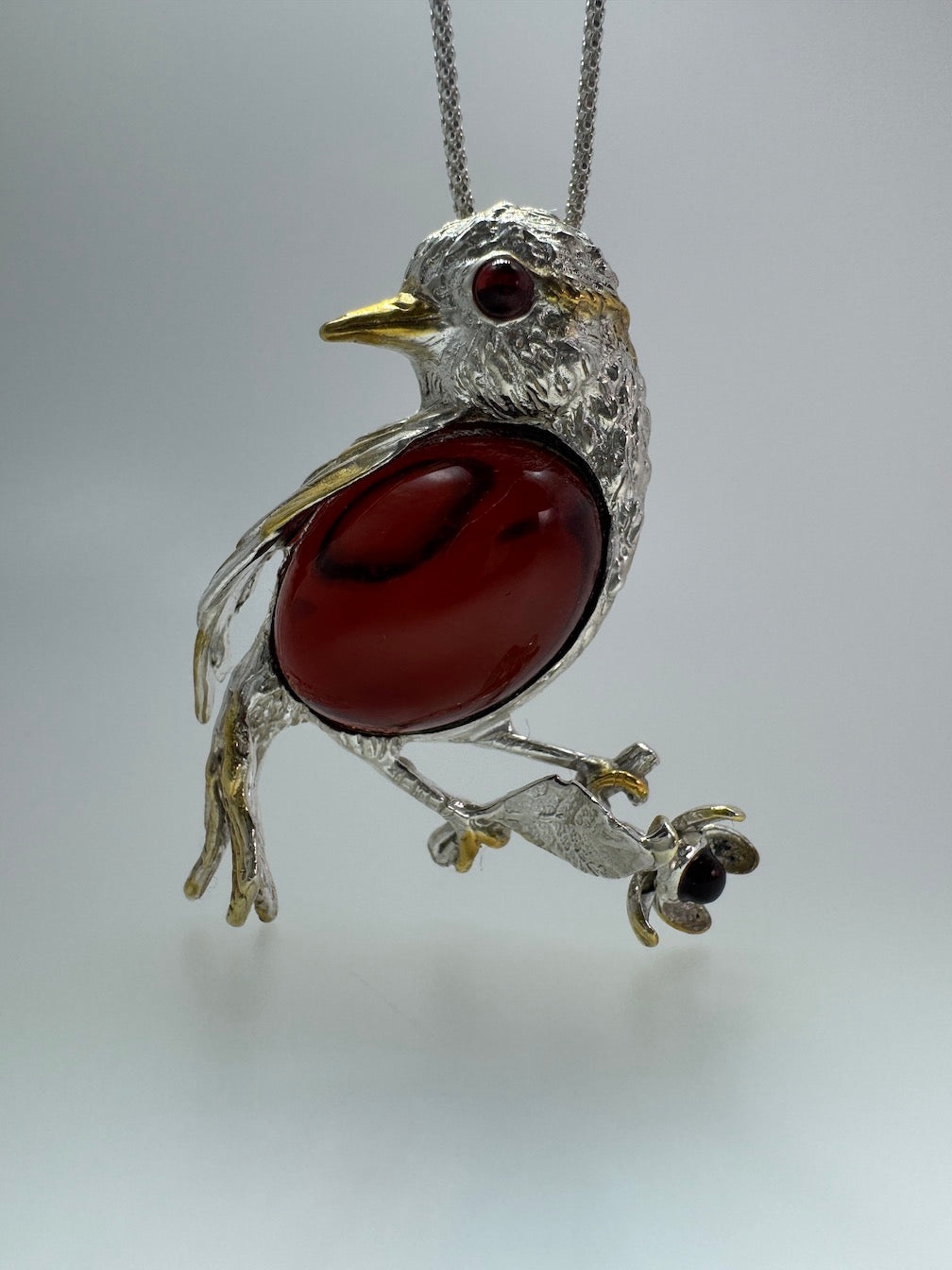 Sterling Silver Baltic Amber Bird Pendant Brooch – Cognac or Butterscotch Cabochon & Gold-Plated Accents