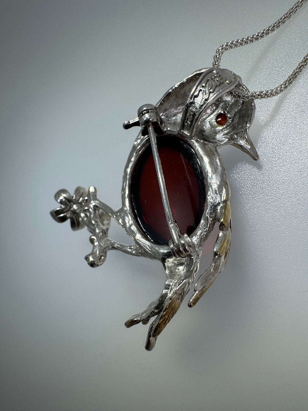 Sterling Silver Baltic Amber Bird Pendant Brooch – Cognac or Butterscotch Cabochon & Gold-Plated Accents