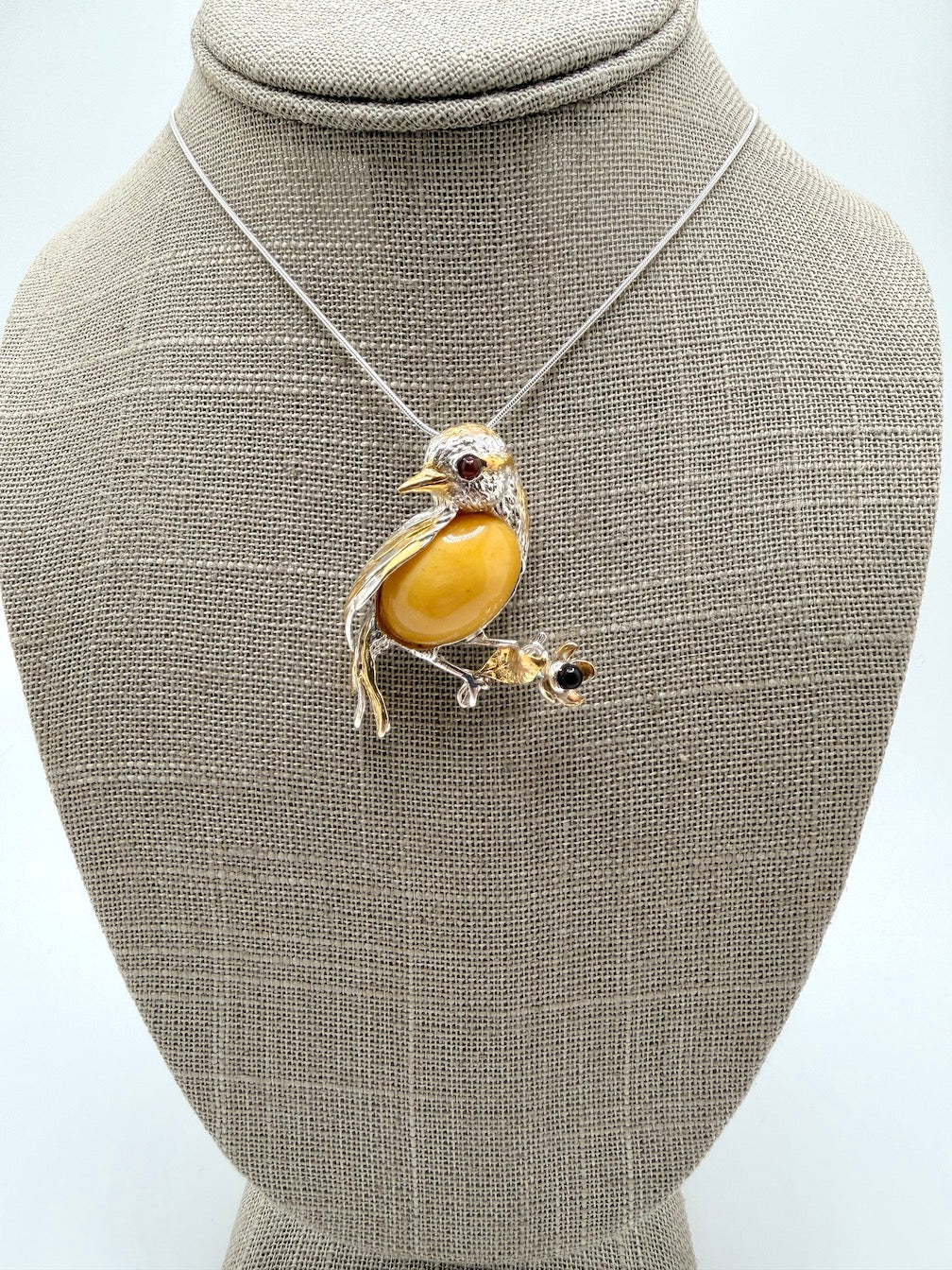 Sterling Silver Baltic Amber Bird Pendant Brooch – Cognac or Butterscotch Cabochon & Gold-Plated Accents