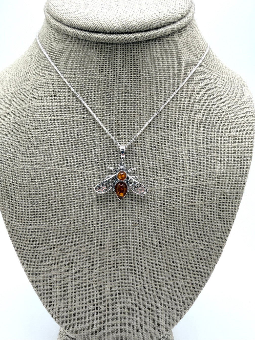 Sterling Silver Baltic Amber Bumblebee Pendant – Honey & Cognac Amber Bee Necklace on Box Chain