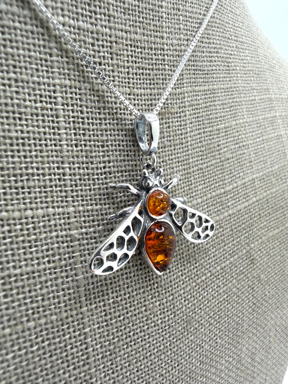 Sterling Silver Baltic Amber Bumblebee Pendant – Honey & Cognac Amber Bee Necklace on Box Chain