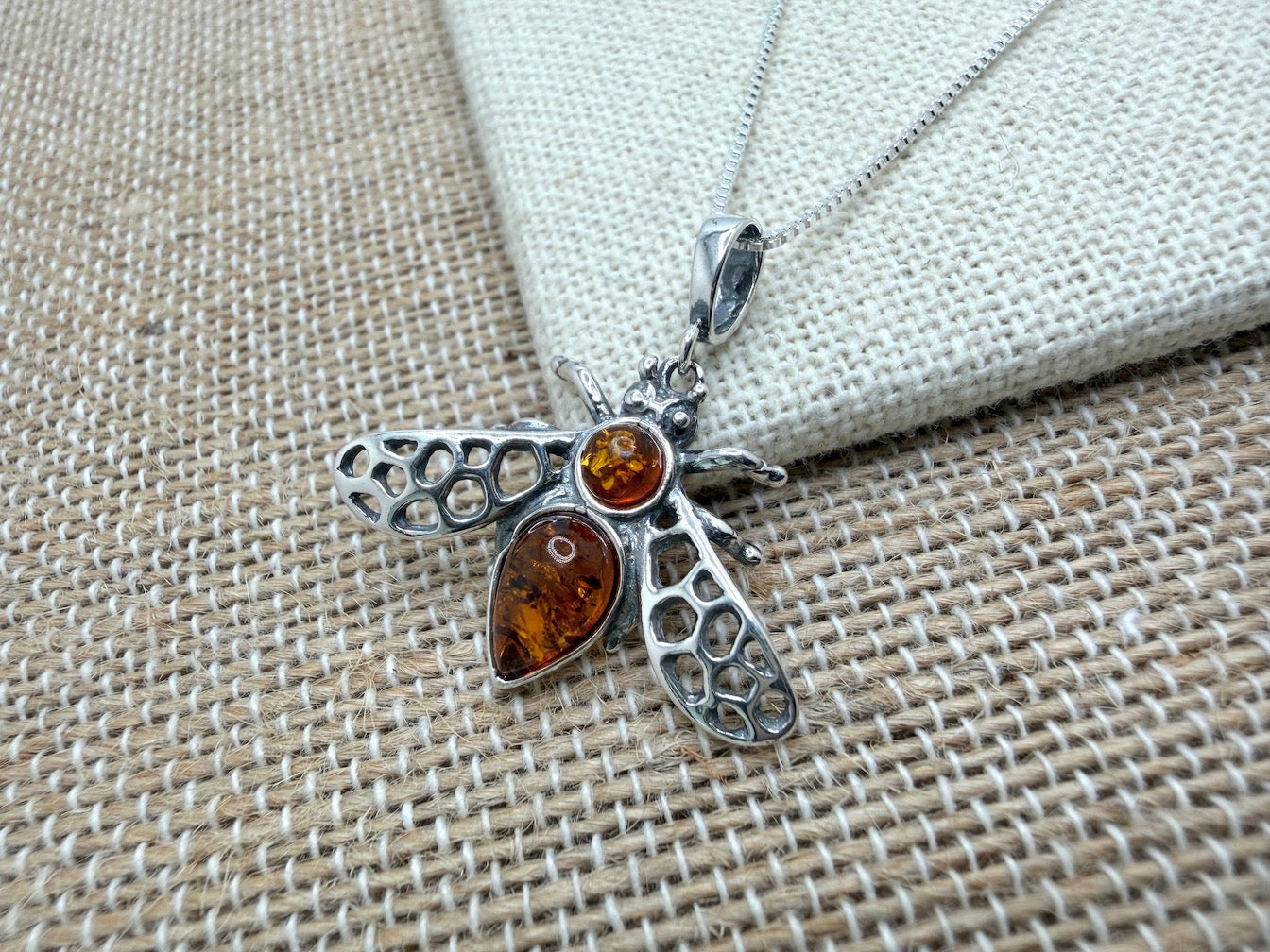 Sterling Silver Baltic Amber Bumblebee Pendant – Honey & Cognac Amber Bee Necklace on Box Chain