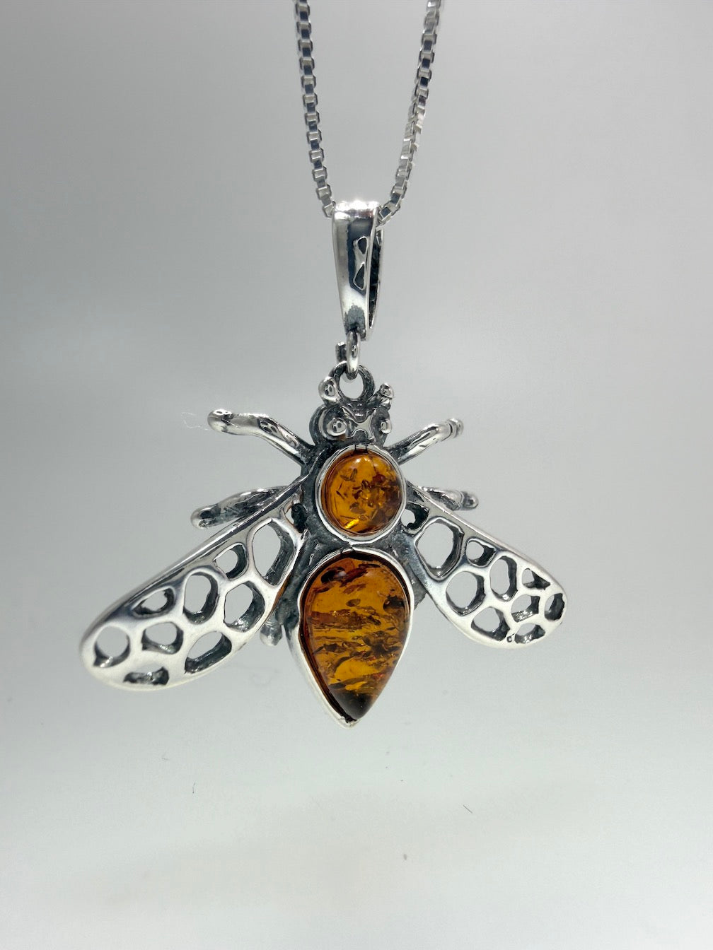 Sterling Silver Baltic Amber Bumblebee Pendant – Honey & Cognac Amber Bee Necklace on Box Chain