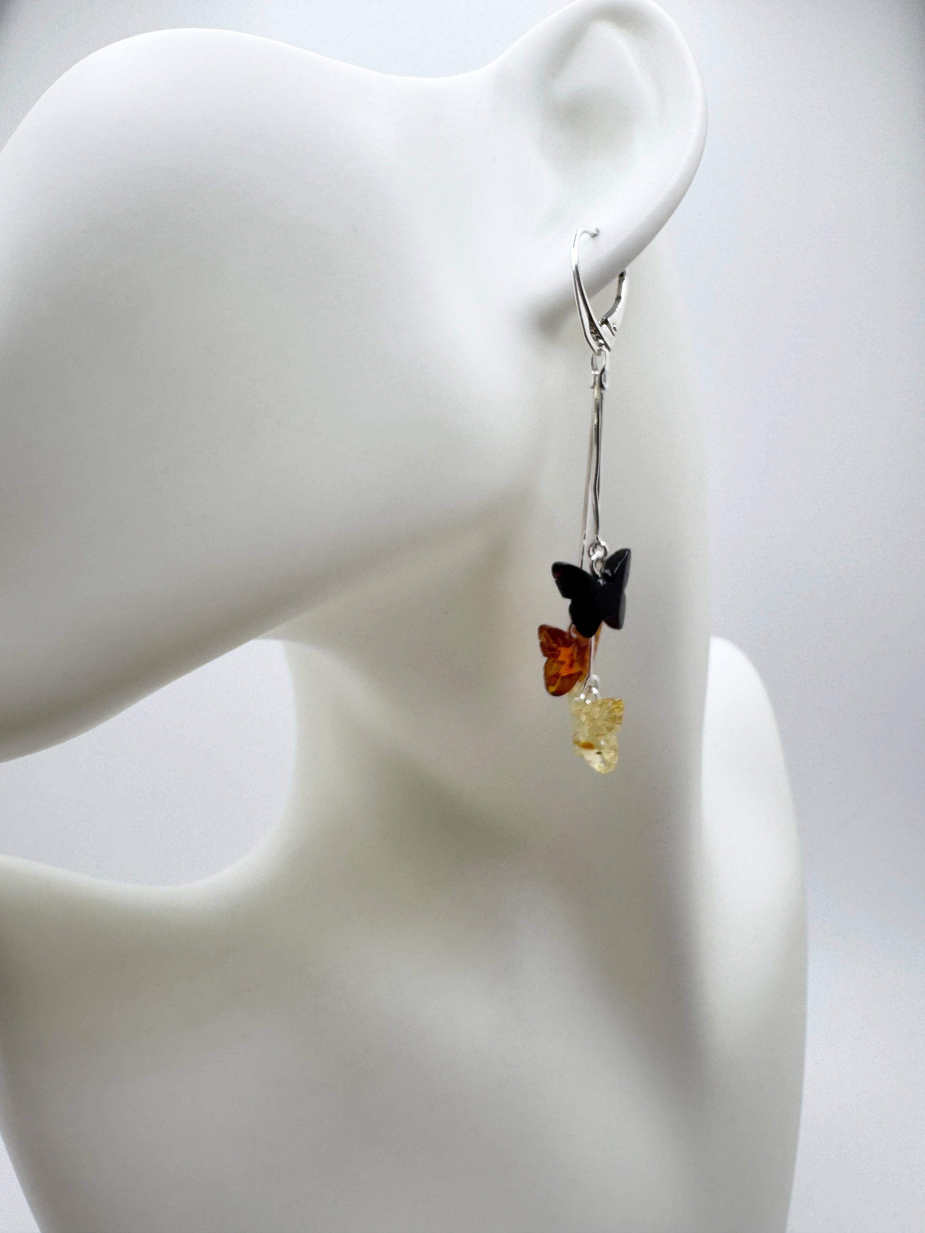 Sterling Silver Baltic Amber Butterfly Drop Earrings – Handmade in Lithuania with Lemon, Honey & Cherry Amber