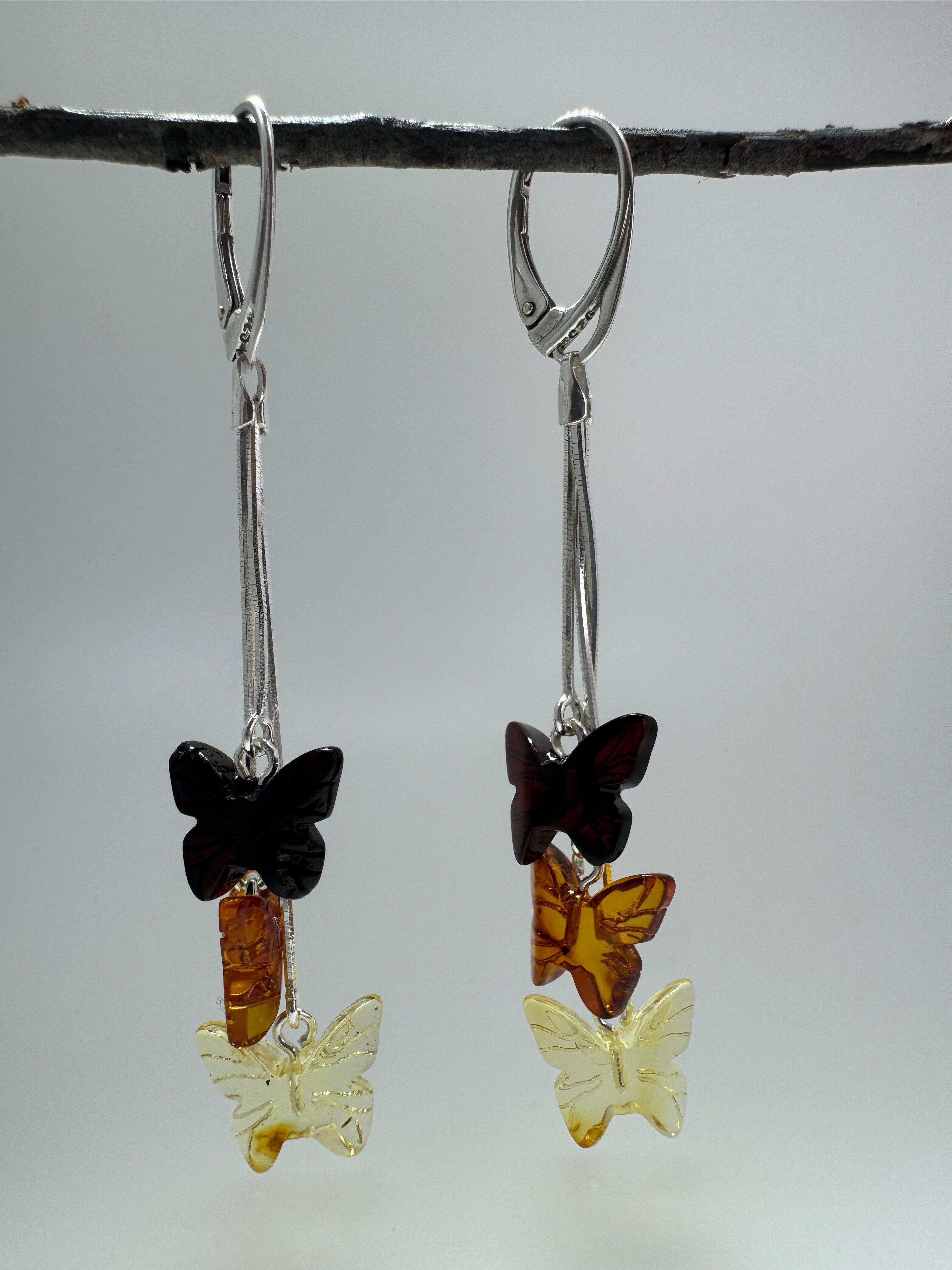 Sterling Silver Baltic Amber Butterfly Drop Earrings – Handmade in Lithuania with Lemon, Honey & Cherry Amber