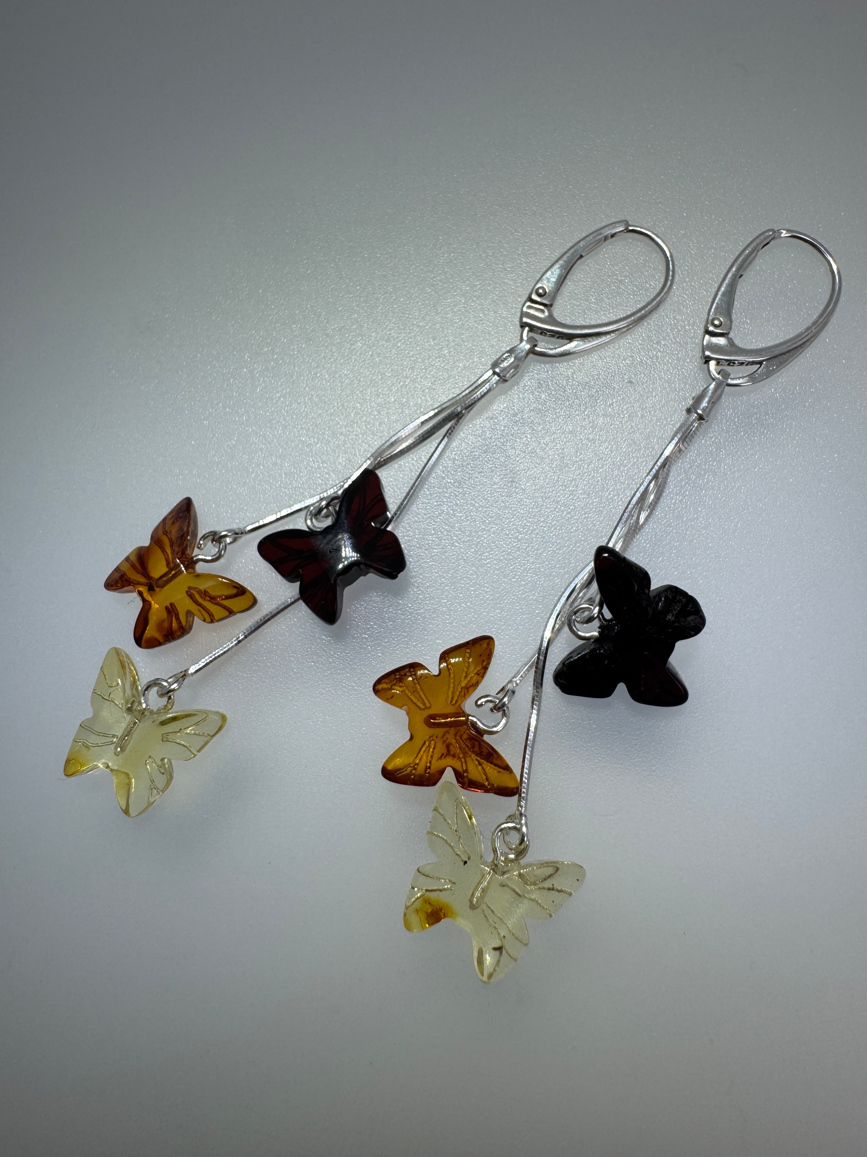 Sterling Silver Baltic Amber Butterfly Drop Earrings – Handmade in Lithuania with Lemon, Honey & Cherry Amber