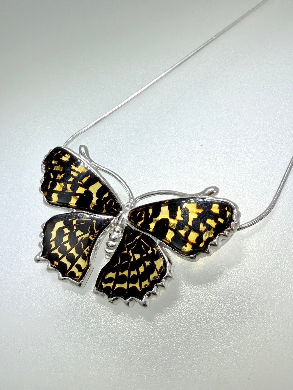 Sterling Silver Baltic Amber Butterfly Pendant | Hand-Etched Wings | Snake Chain | Handmade in Poland | Matching Earrings