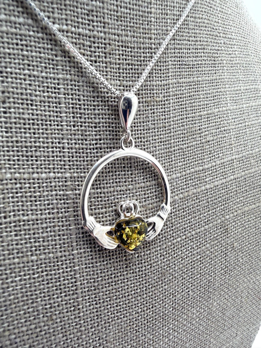 Sterling Silver Baltic Amber Claddagh Pendant – Handmade Celtic Design – Box Chain Necklace