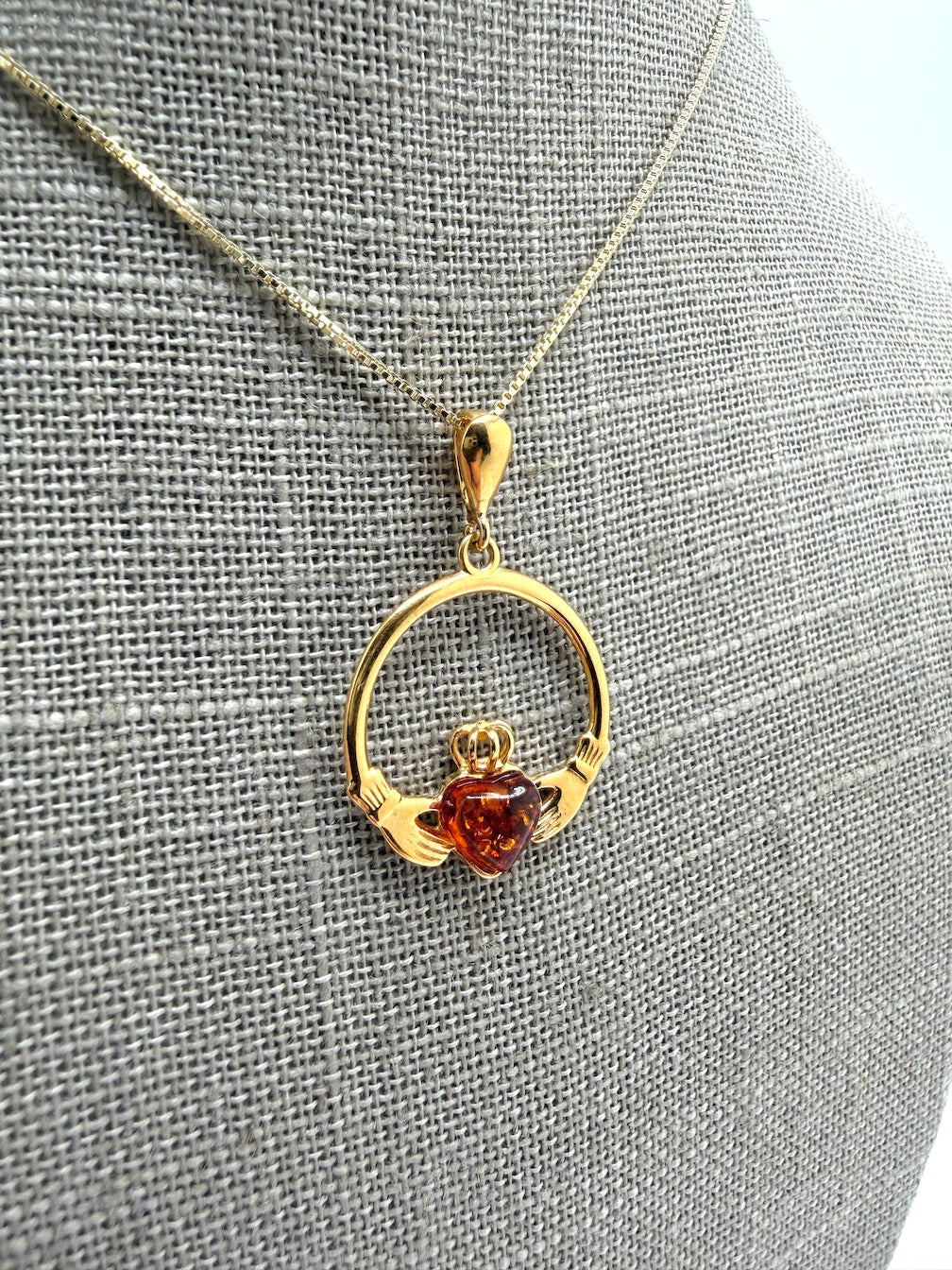Sterling Silver Baltic Amber Claddagh Pendant – Handmade Celtic Design – Box Chain Necklace