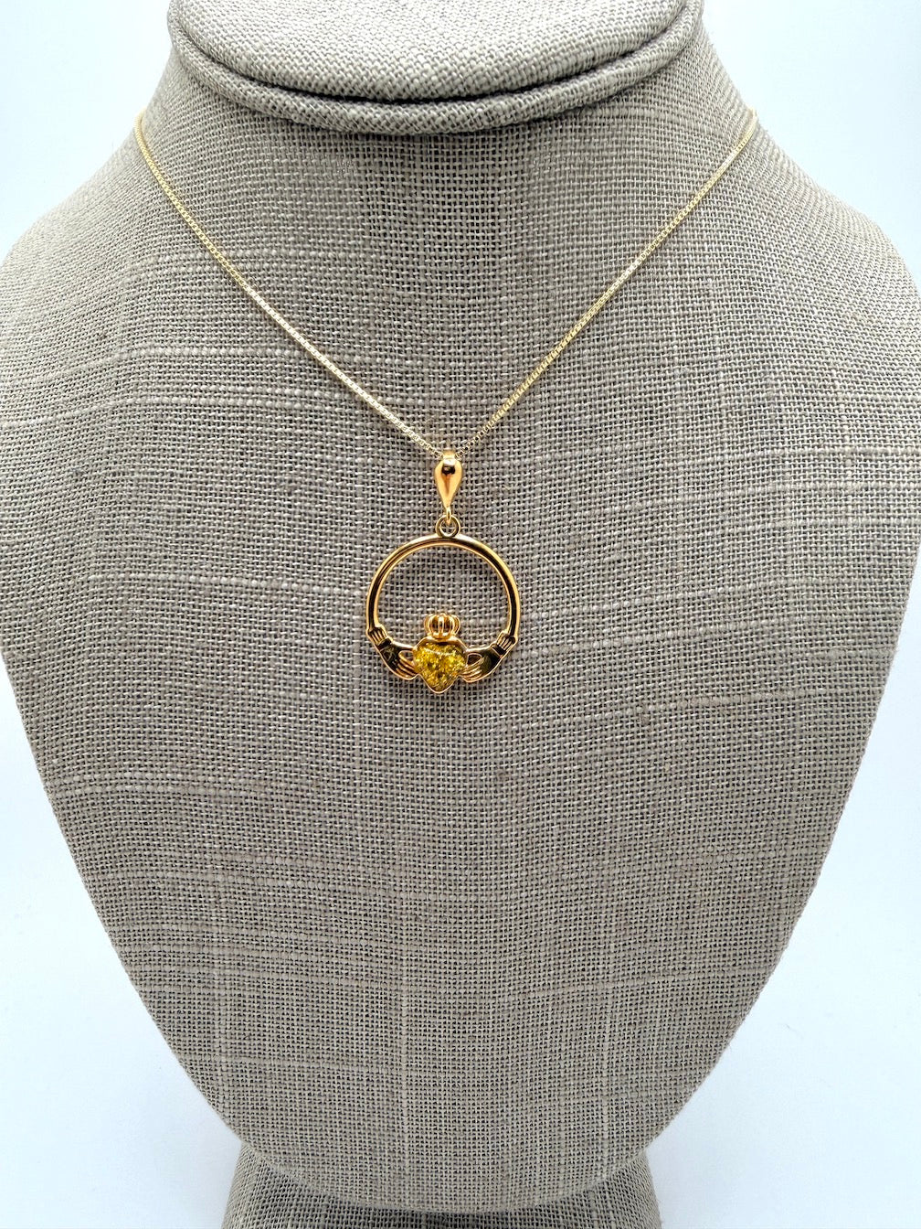 Sterling Silver Baltic Amber Claddagh Pendant – Handmade Celtic Design – Box Chain Necklace