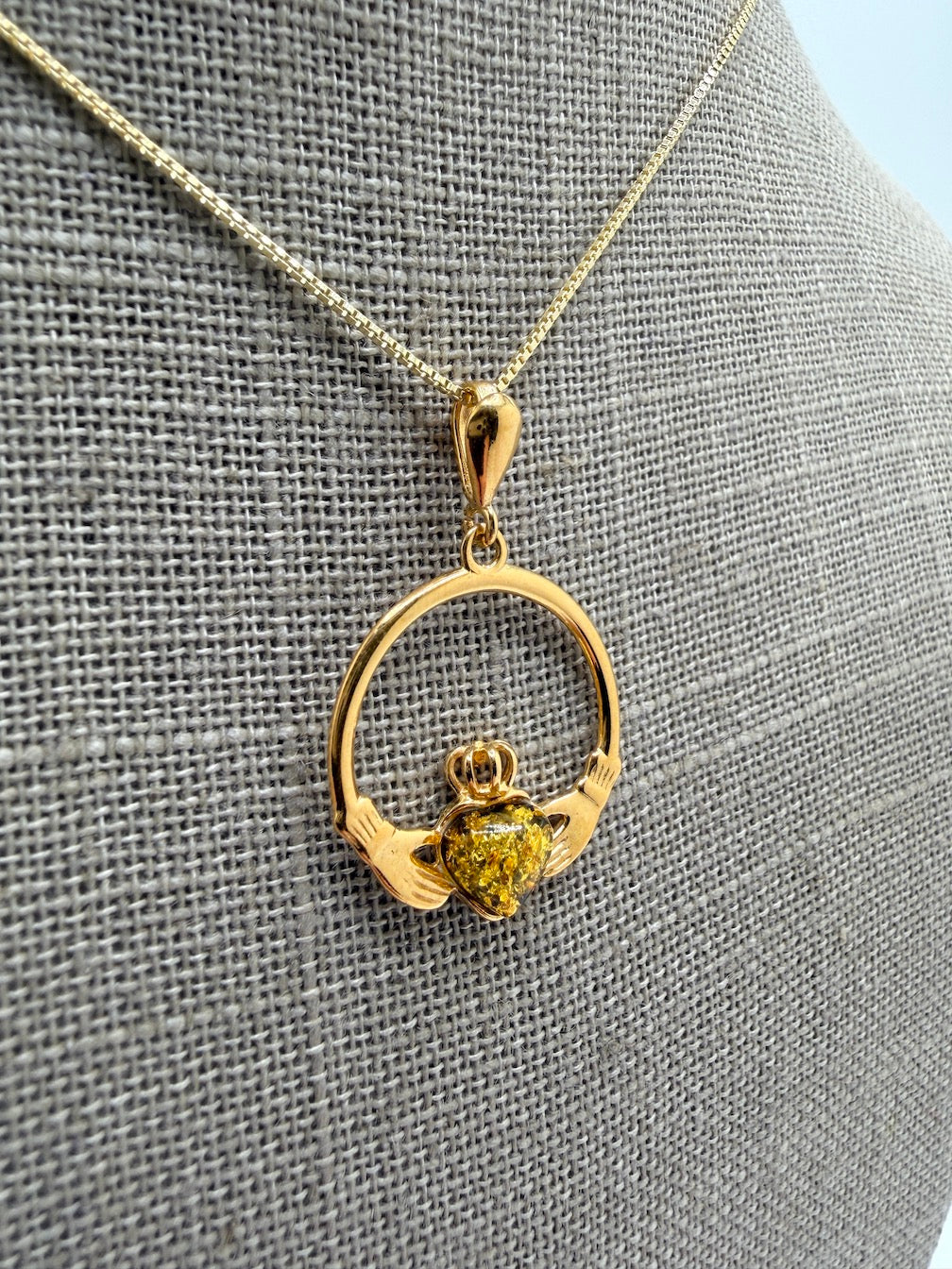 Sterling Silver Baltic Amber Claddagh Pendant – Handmade Celtic Design – Box Chain Necklace
