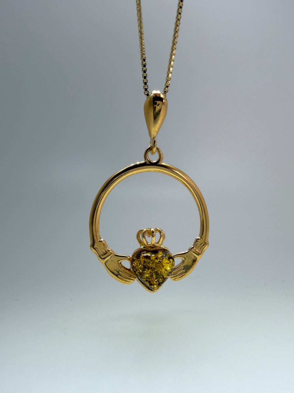 Sterling Silver Baltic Amber Claddagh Pendant – Handmade Celtic Design – Box Chain Necklace