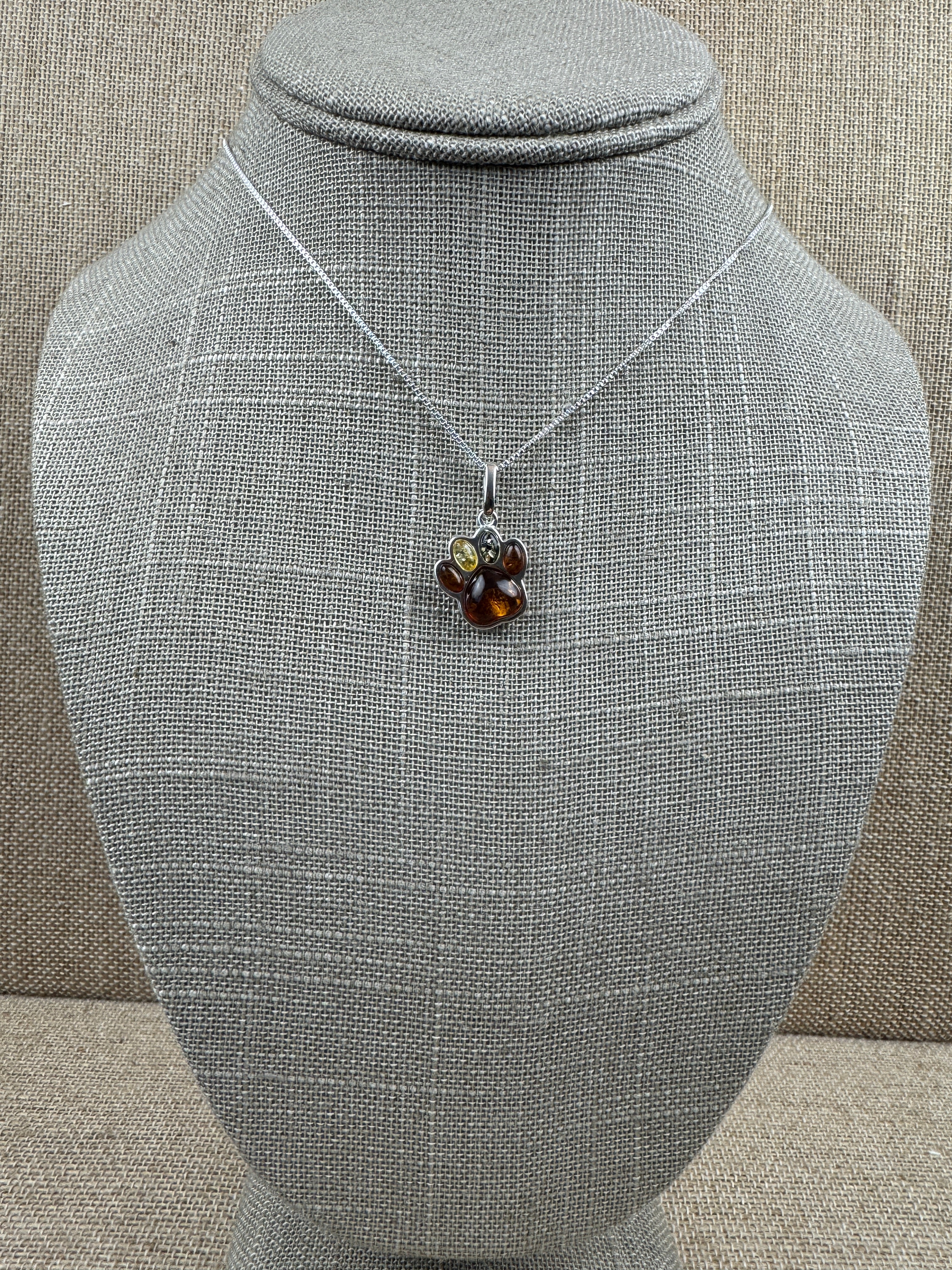 Sterling Silver Baltic Amber Dog Paw Pendant – Handmade in Poland with Honey, Lemon & Green Amber – Pet Lover Necklace
