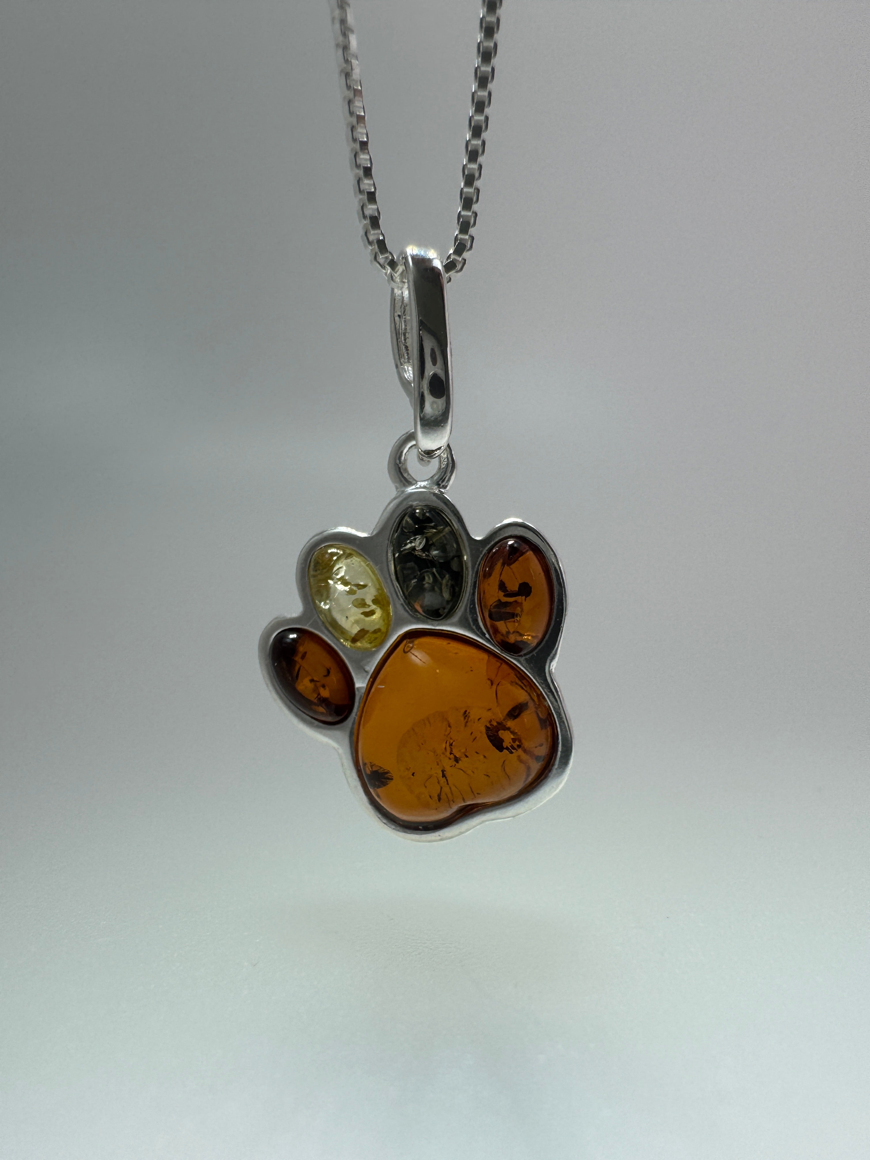 Sterling Silver Baltic Amber Dog Paw Pendant – Handmade in Poland with Honey, Lemon & Green Amber – Pet Lover Necklace