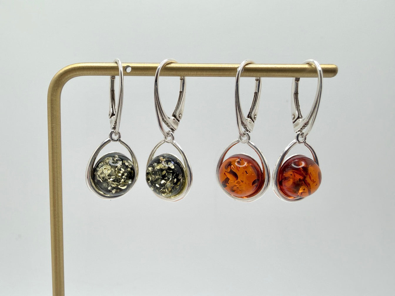 Sterling Silver Baltic Amber Drop Lever Back Earrings | Cognac or Green Amber | Elegant Lightweight Dangle Jewelry