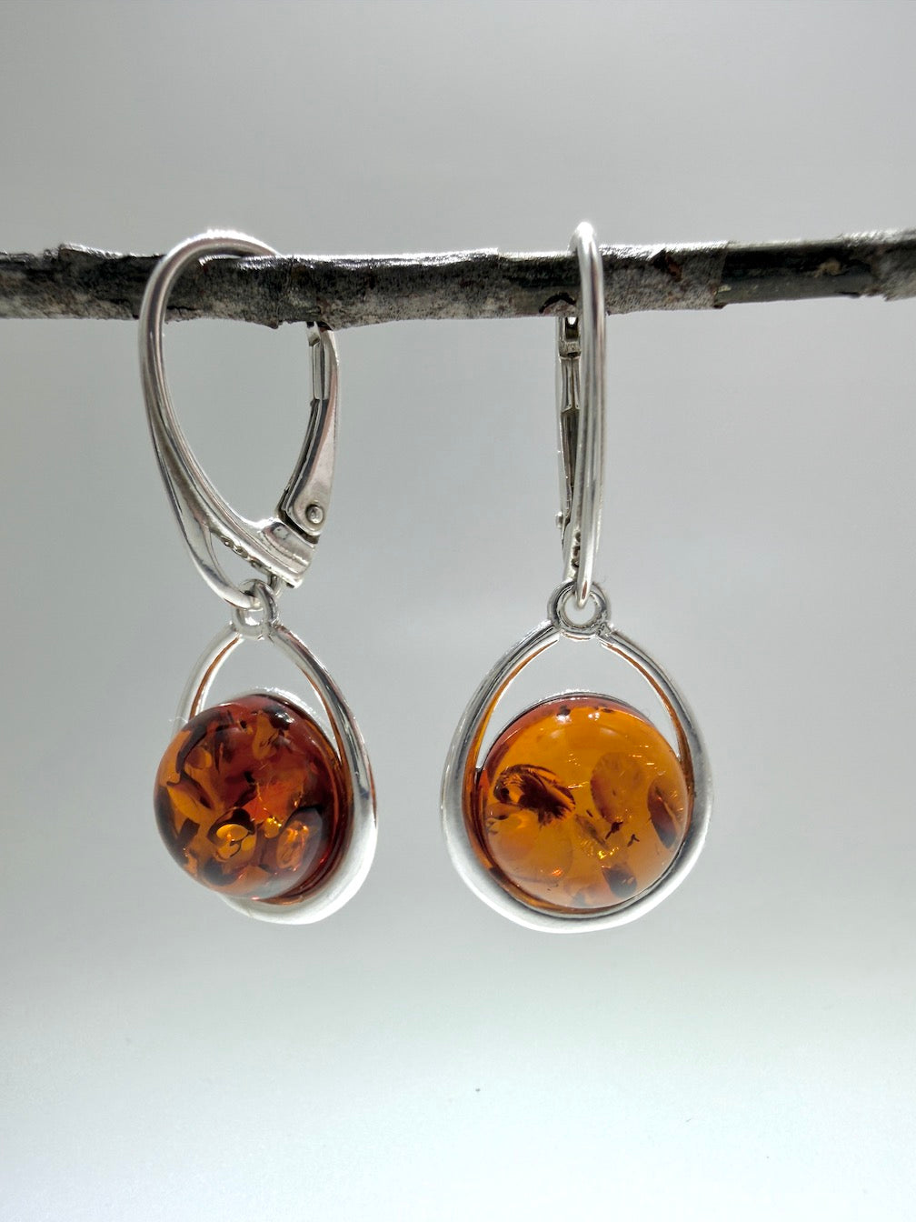 Sterling Silver Baltic Amber Drop Lever Back Earrings | Cognac or Green Amber | Elegant Lightweight Dangle Jewelry