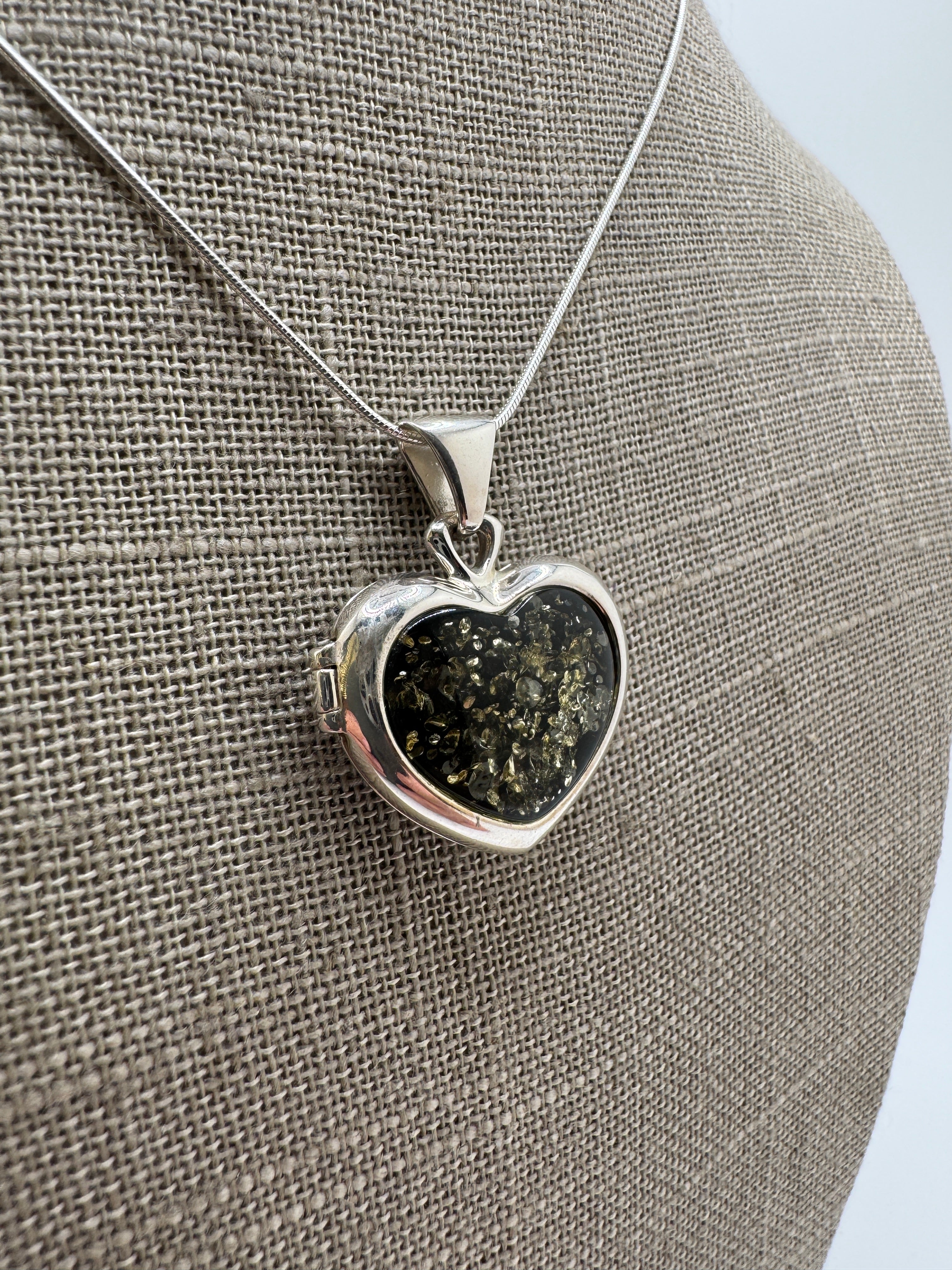 Sterling Silver Baltic Amber Heart Locket Pendant | Reversible Cognac & Green Amber | Handmade in Poland | Unique One-of-a-Kind Gift