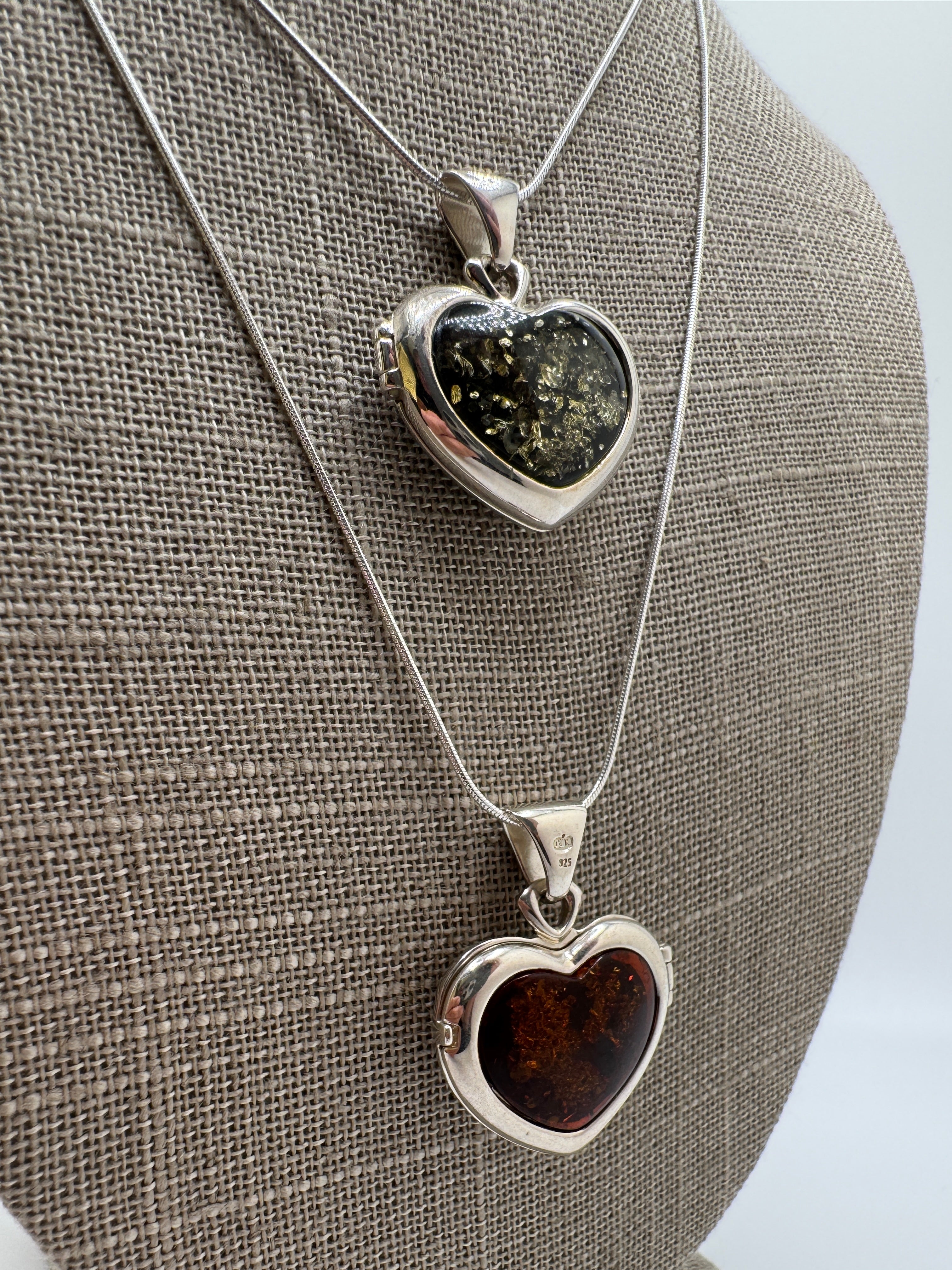 Sterling Silver Baltic Amber Heart Locket Pendant | Reversible Cognac & Green Amber | Handmade in Poland | Unique One-of-a-Kind Gift