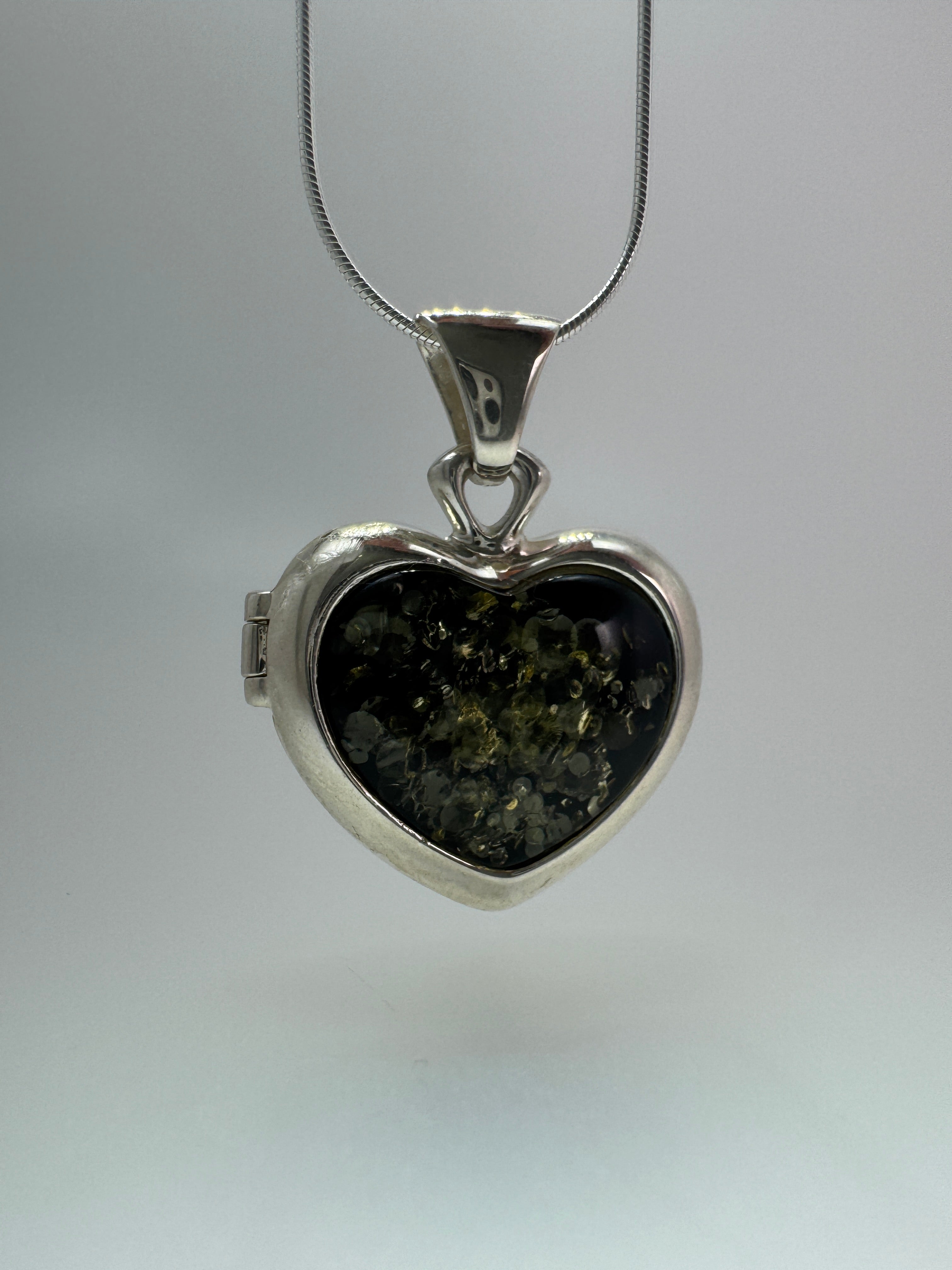Sterling Silver Baltic Amber Heart Locket Pendant | Reversible Cognac & Green Amber | Handmade in Poland | Unique One-of-a-Kind Gift