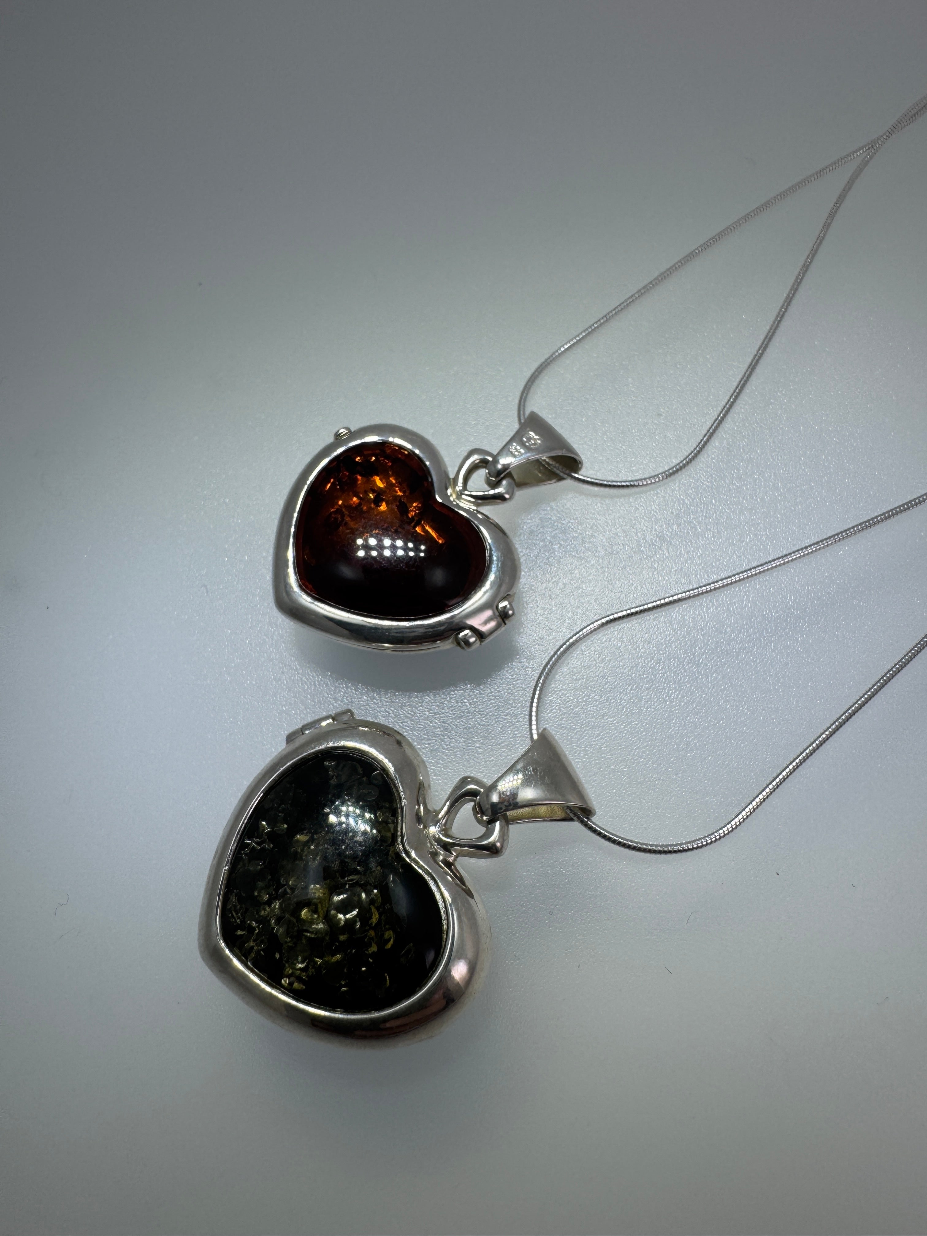 Sterling Silver Baltic Amber Heart Locket Pendant | Reversible Cognac & Green Amber | Handmade in Poland | Unique One-of-a-Kind Gift