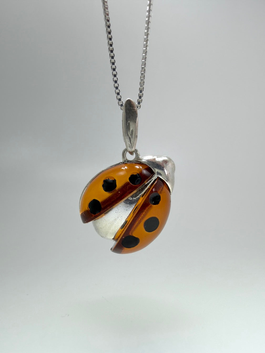 Sterling Silver Baltic Amber Ladybug Pendant – Honey Amber Inlay – Gold or Silver Finish – Nature Inspired Necklace