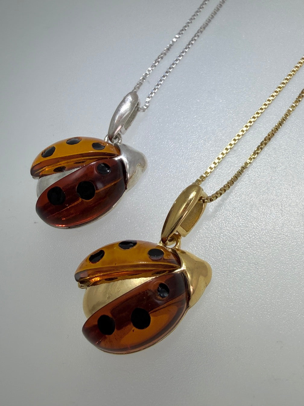 Sterling Silver Baltic Amber Ladybug Pendant – Honey Amber Inlay – Gold or Silver Finish – Nature Inspired Necklace