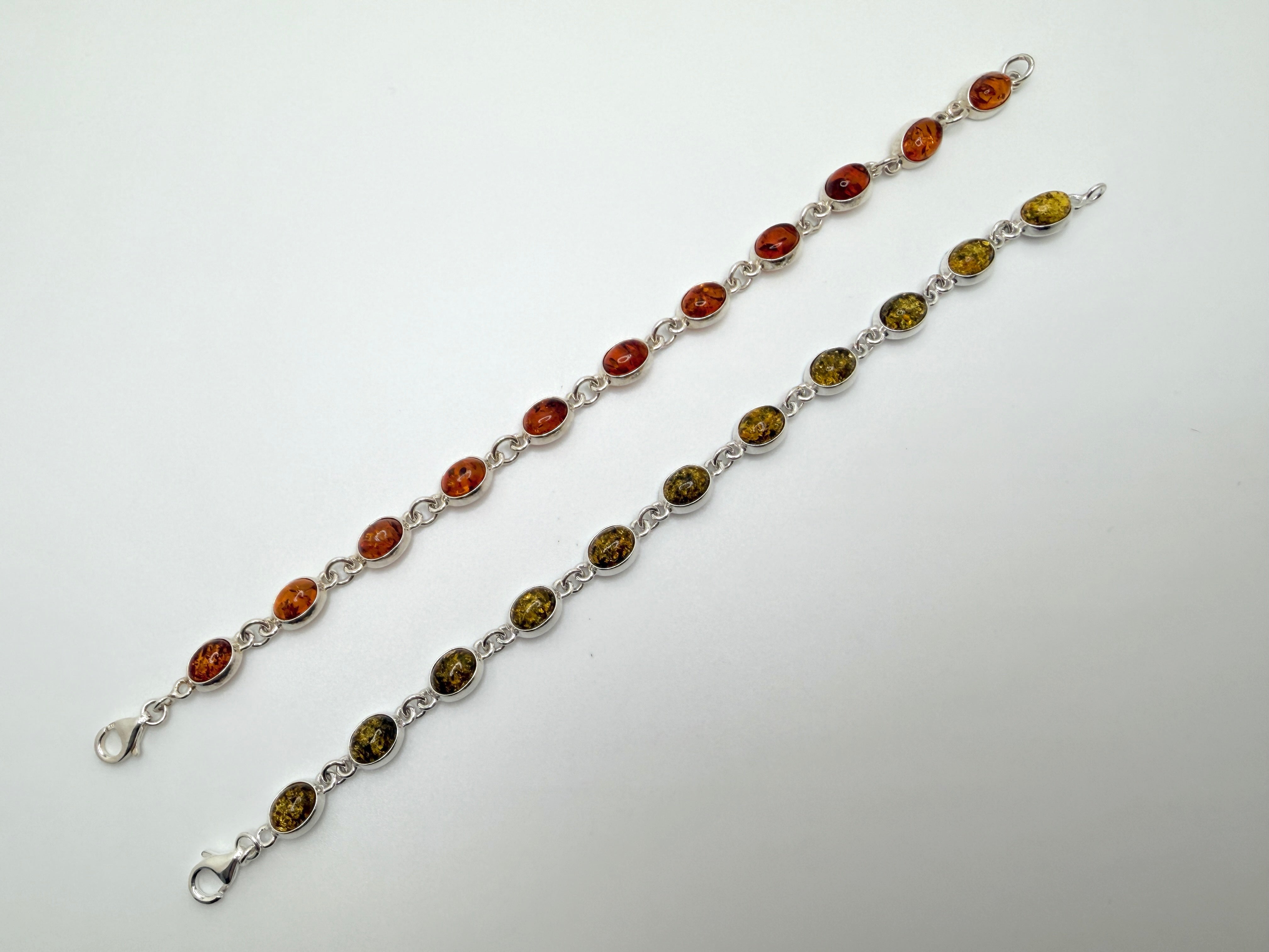 Sterling Silver Baltic Amber Link Bracelet – Handmade in Poland  - Choice of Cognac or Green