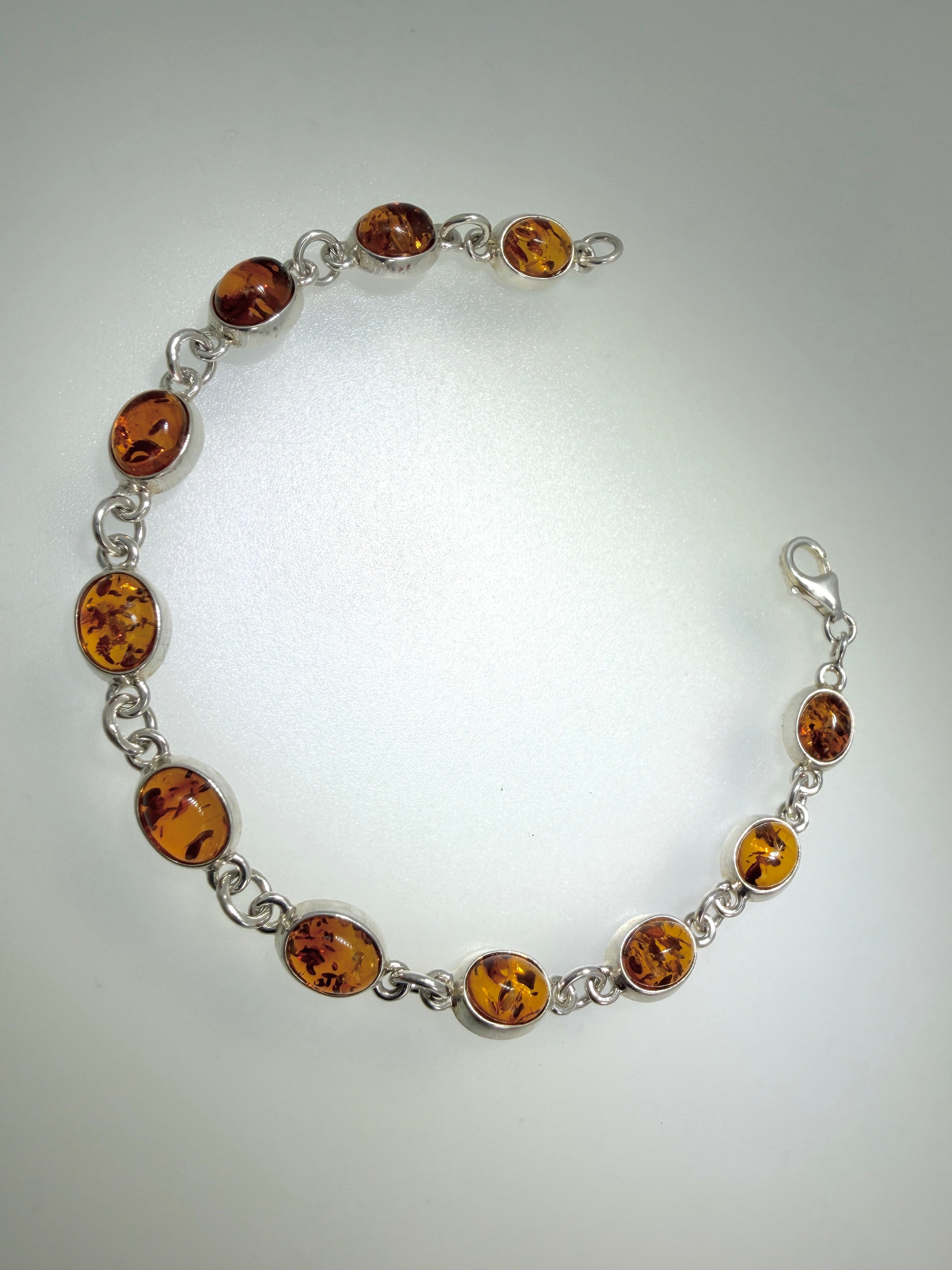Sterling Silver Baltic Amber Link Bracelet – Handmade in Poland  - Choice of Cognac or Green