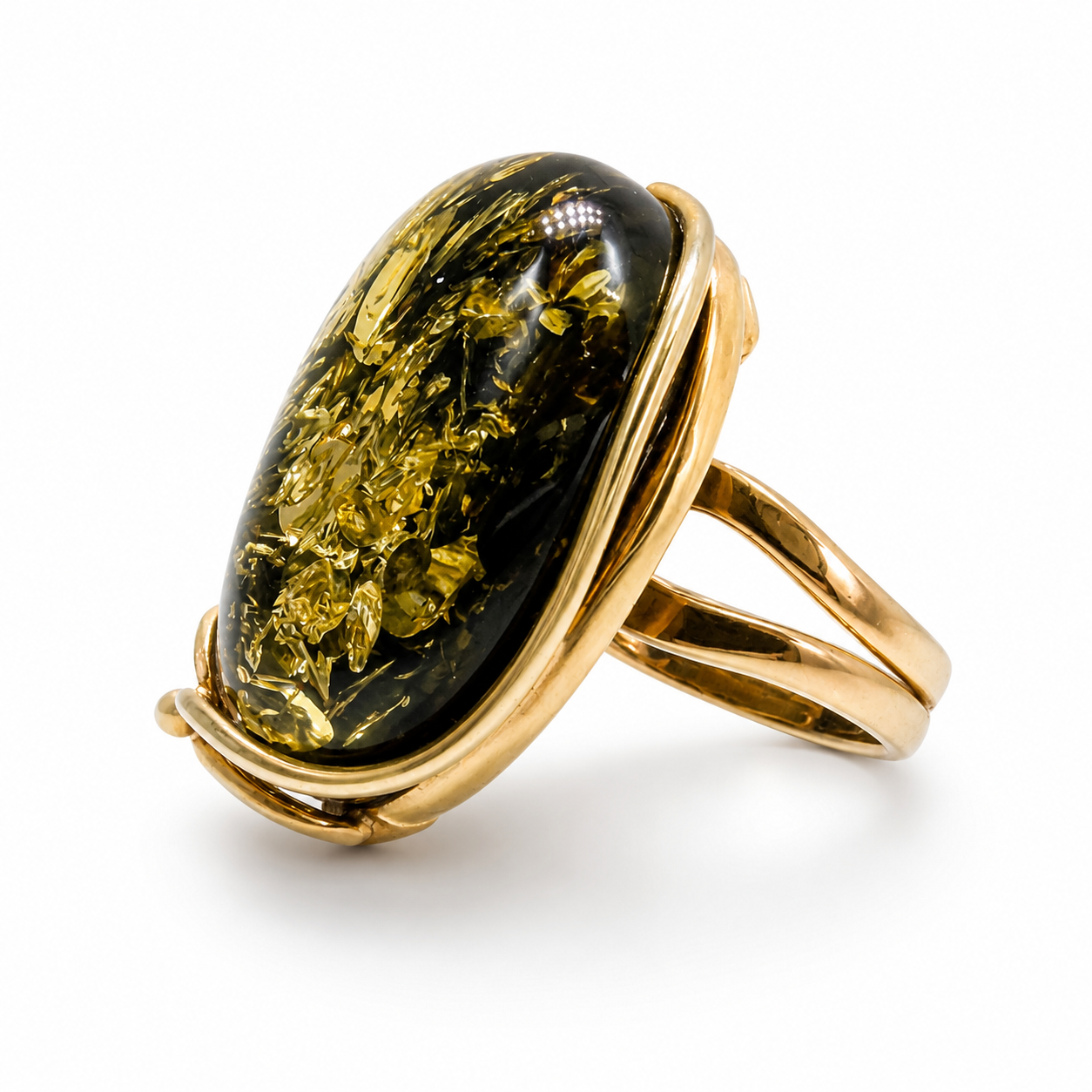 Sterling Silver Baltic Amber Ring Green Color Adjustable