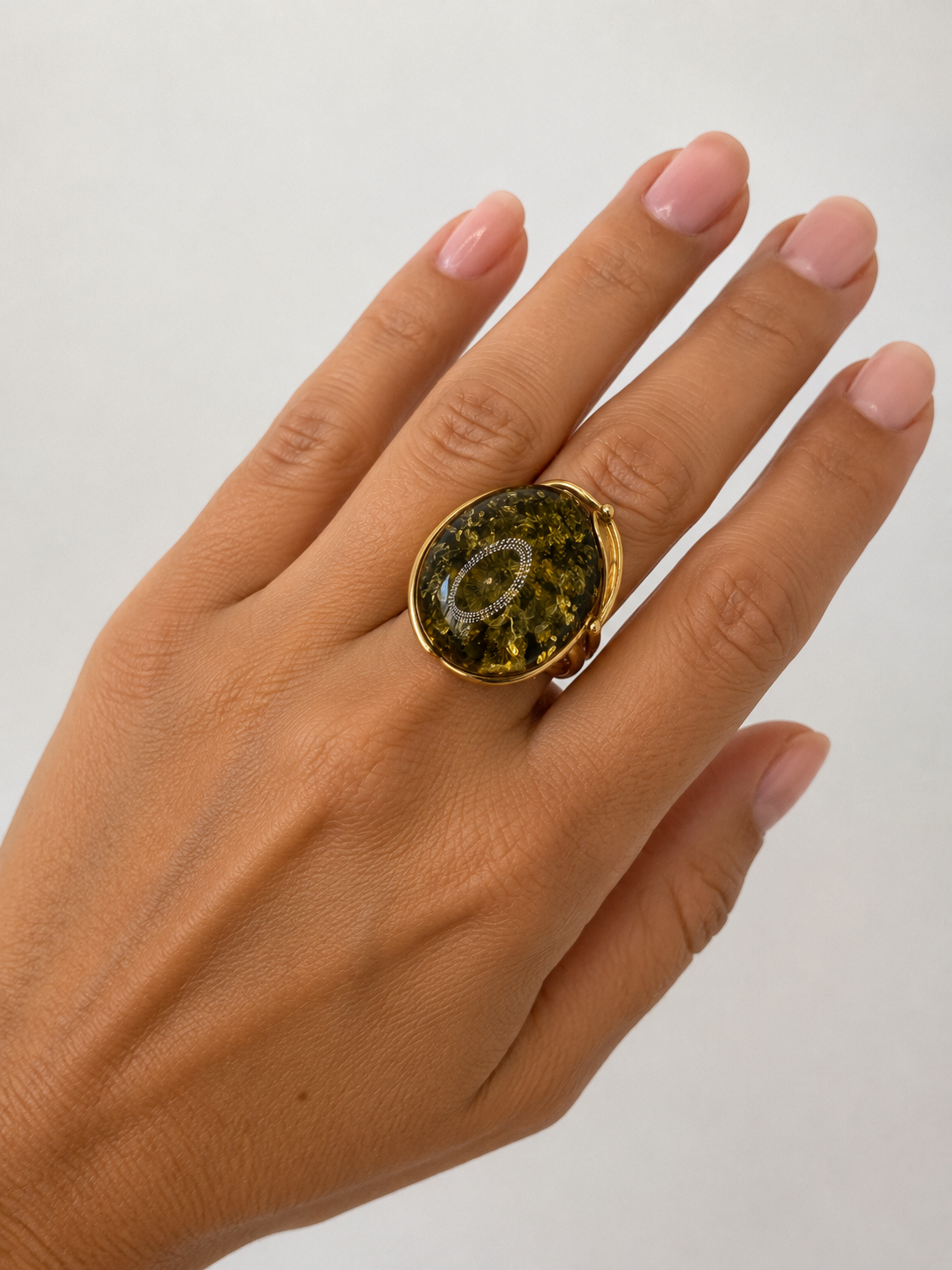 Sterling Silver Baltic Amber Ring Green Color Adjustable