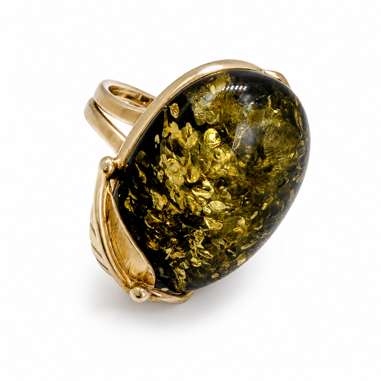 Sterling Silver Baltic Amber Ring Green Color Adjustable