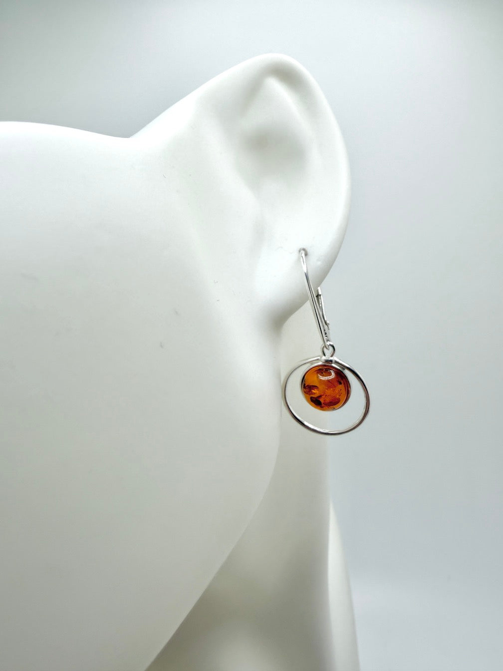  Sterling Silver Baltic Amber Round Drop Lever Back Earrings – Handmade in Poland