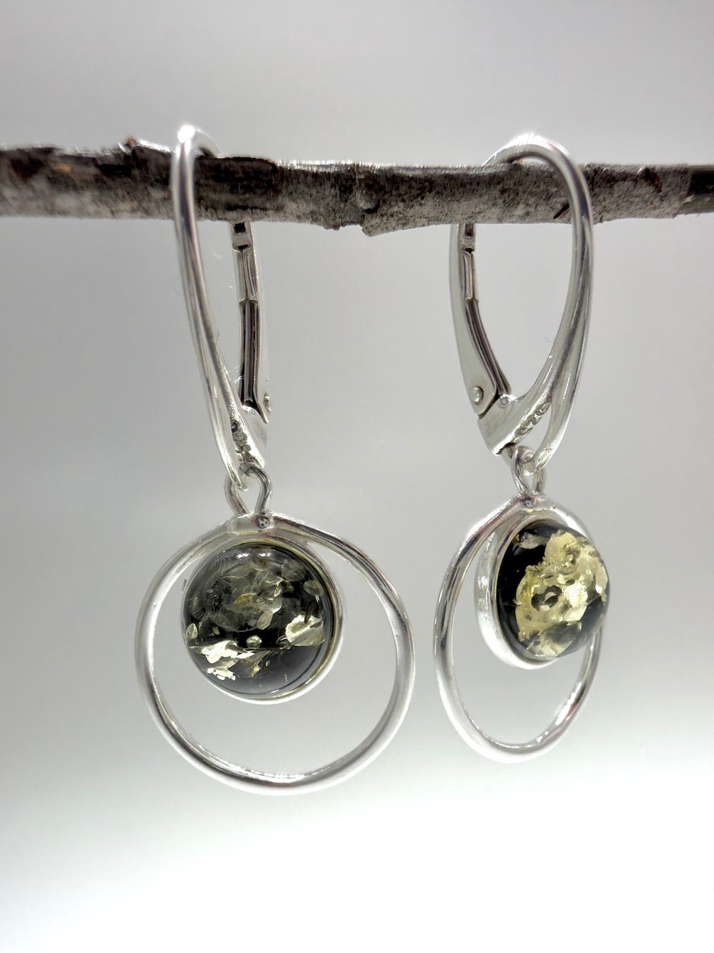  Sterling Silver Baltic Amber Round Drop Lever Back Earrings – Handmade in Poland