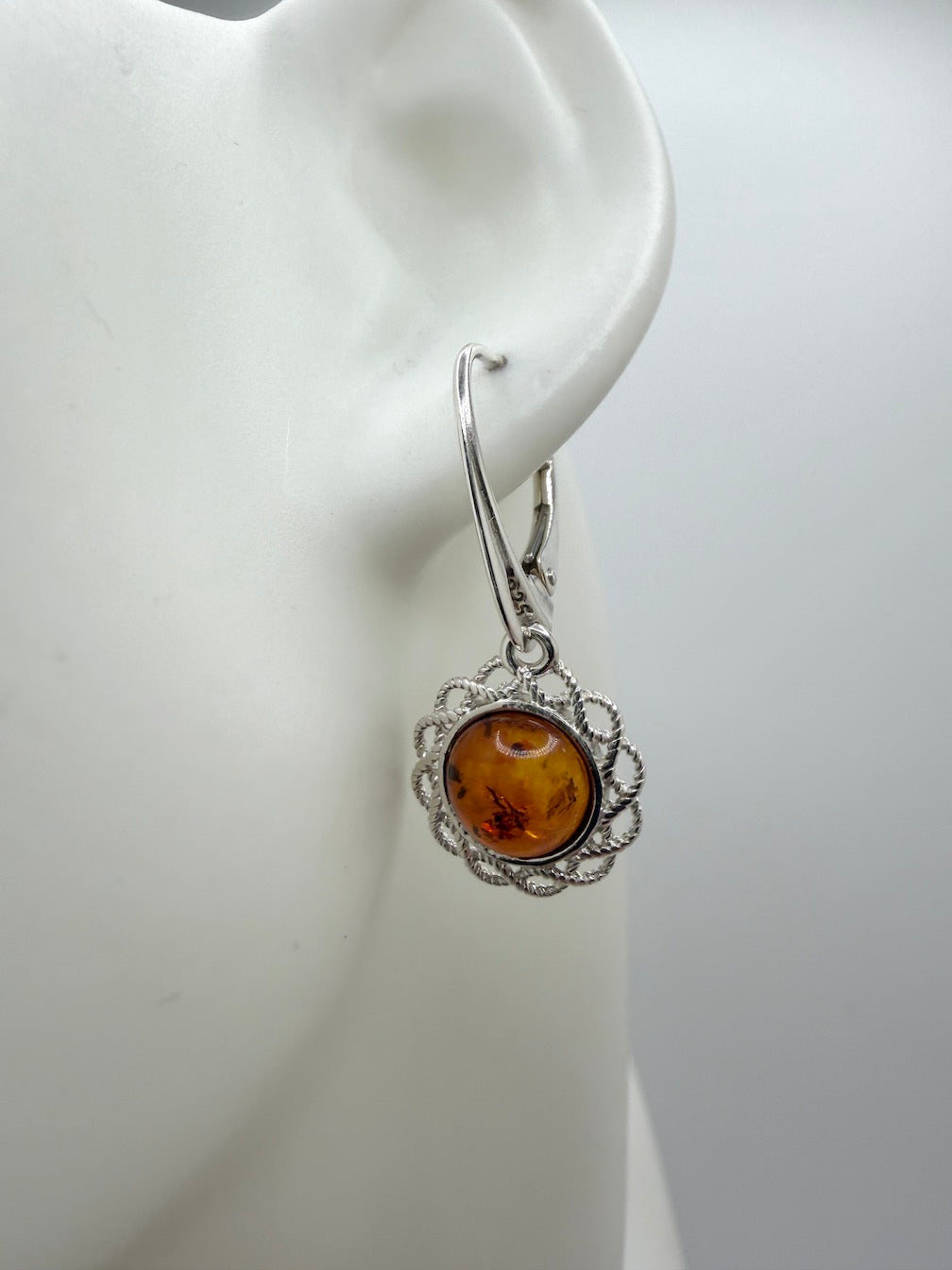 Sterling Silver Baltic Amber Round Drop Lever Back Earrings – Handmade in Poland