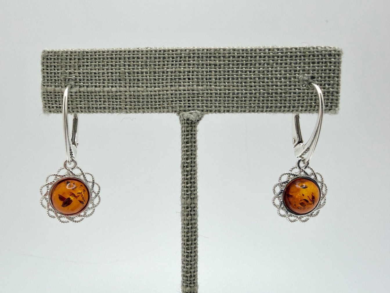 Sterling Silver Baltic Amber Round Drop Lever Back Earrings – Handmade in Poland