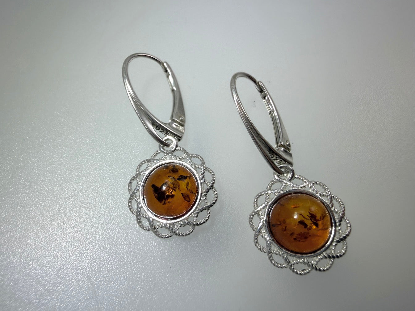 Sterling Silver Baltic Amber Round Drop Lever Back Earrings – Handmade in Poland
