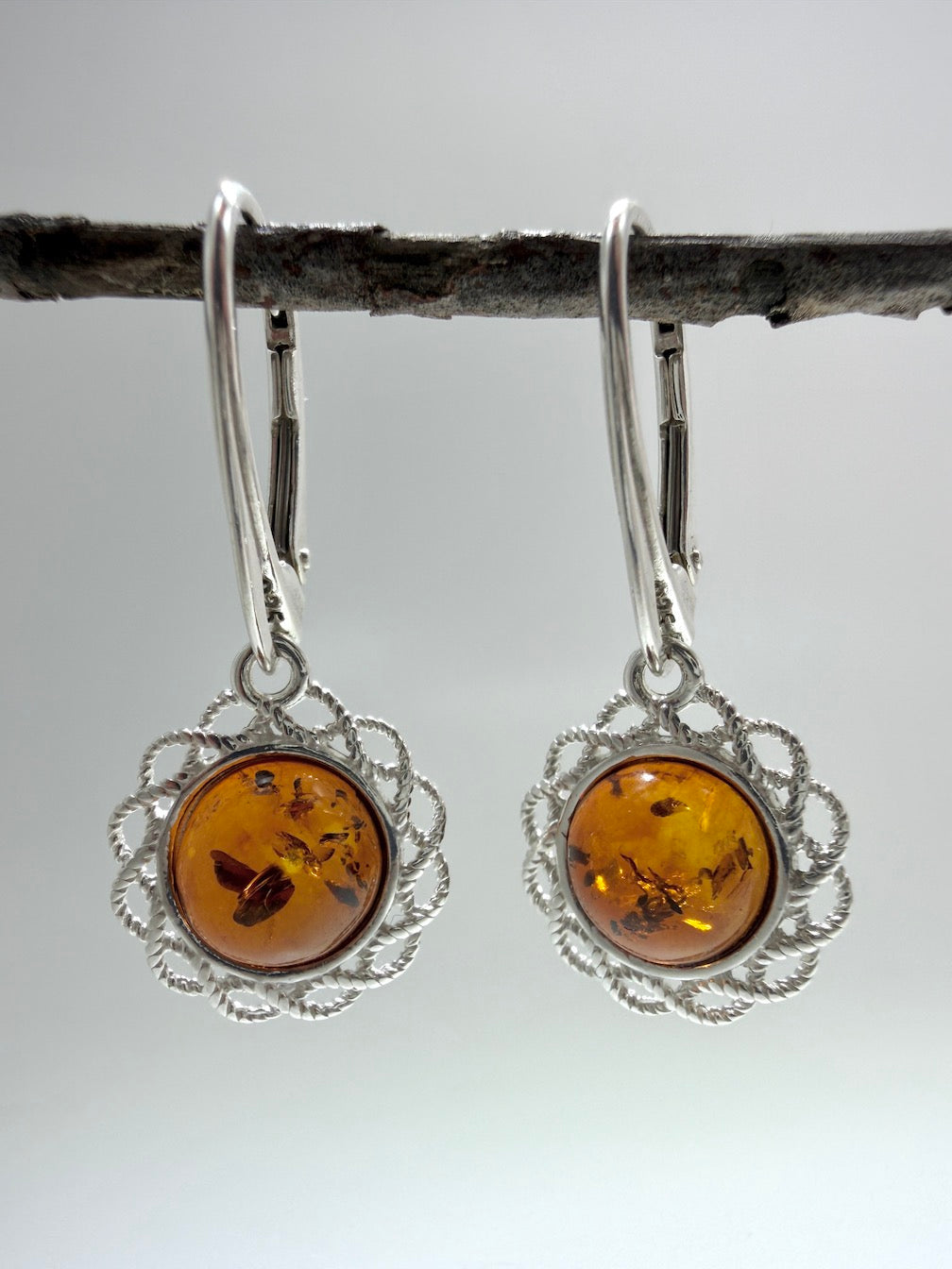 Sterling Silver Baltic Amber Round Drop Lever Back Earrings – Handmade in Poland
