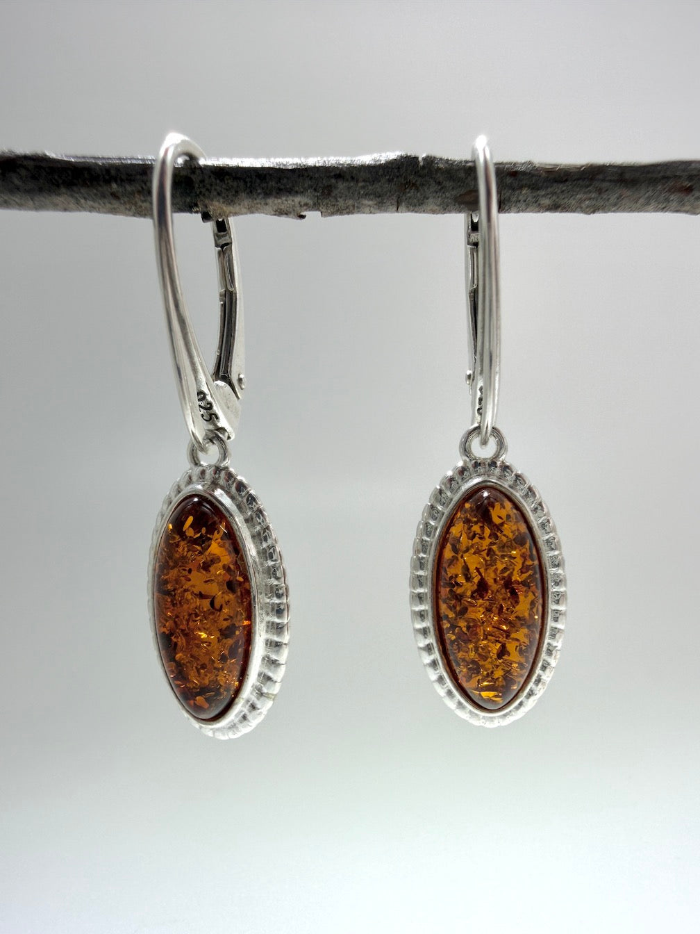 Sterling Silver Baltic Amber Round Drop Lever Back Earrings – Honey or Green