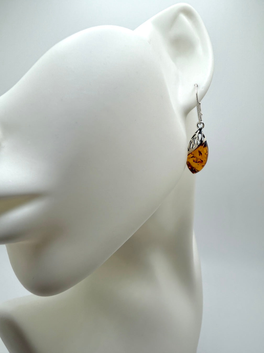 Sterling Silver Baltic Amber Whimsical Drop Lever Back Earrings | Cognac or Green Amber | Elegant Lightweight Dangle Jewelry
