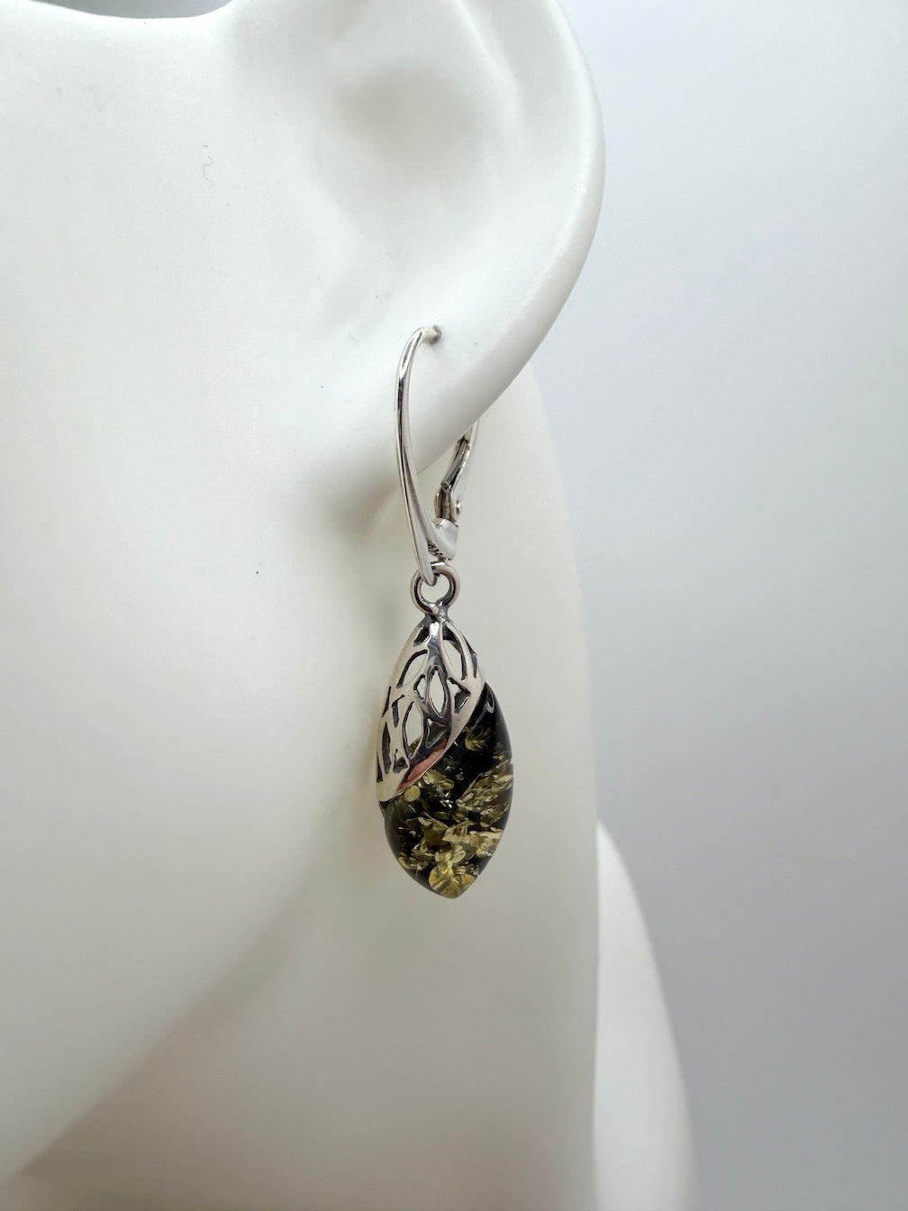 Sterling Silver Baltic Amber Whimsical Drop Lever Back Earrings | Cognac or Green Amber | Elegant Lightweight Dangle Jewelry