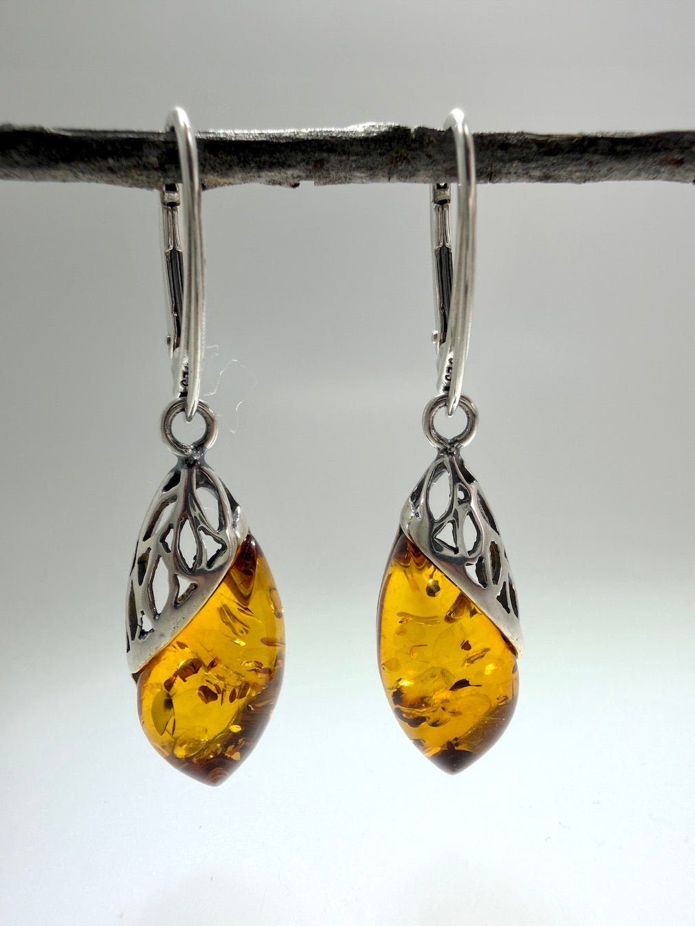 Sterling Silver Baltic Amber Whimsical Drop Lever Back Earrings | Cognac or Green Amber | Elegant Lightweight Dangle Jewelry