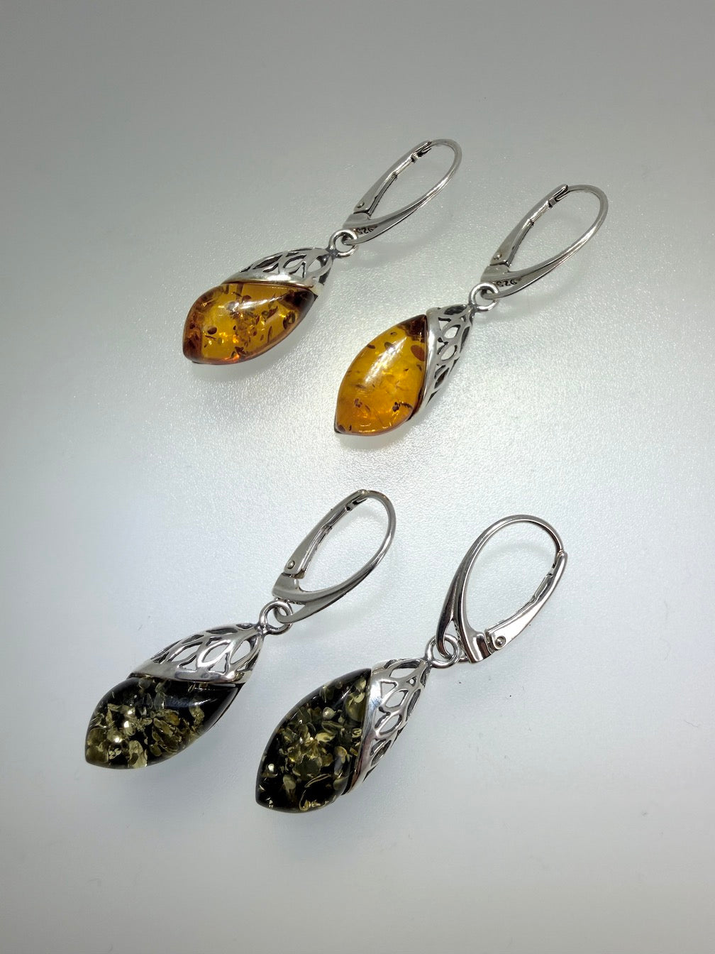 Sterling Silver Baltic Amber Whimsical Drop Lever Back Earrings | Cognac or Green Amber | Elegant Lightweight Dangle Jewelry