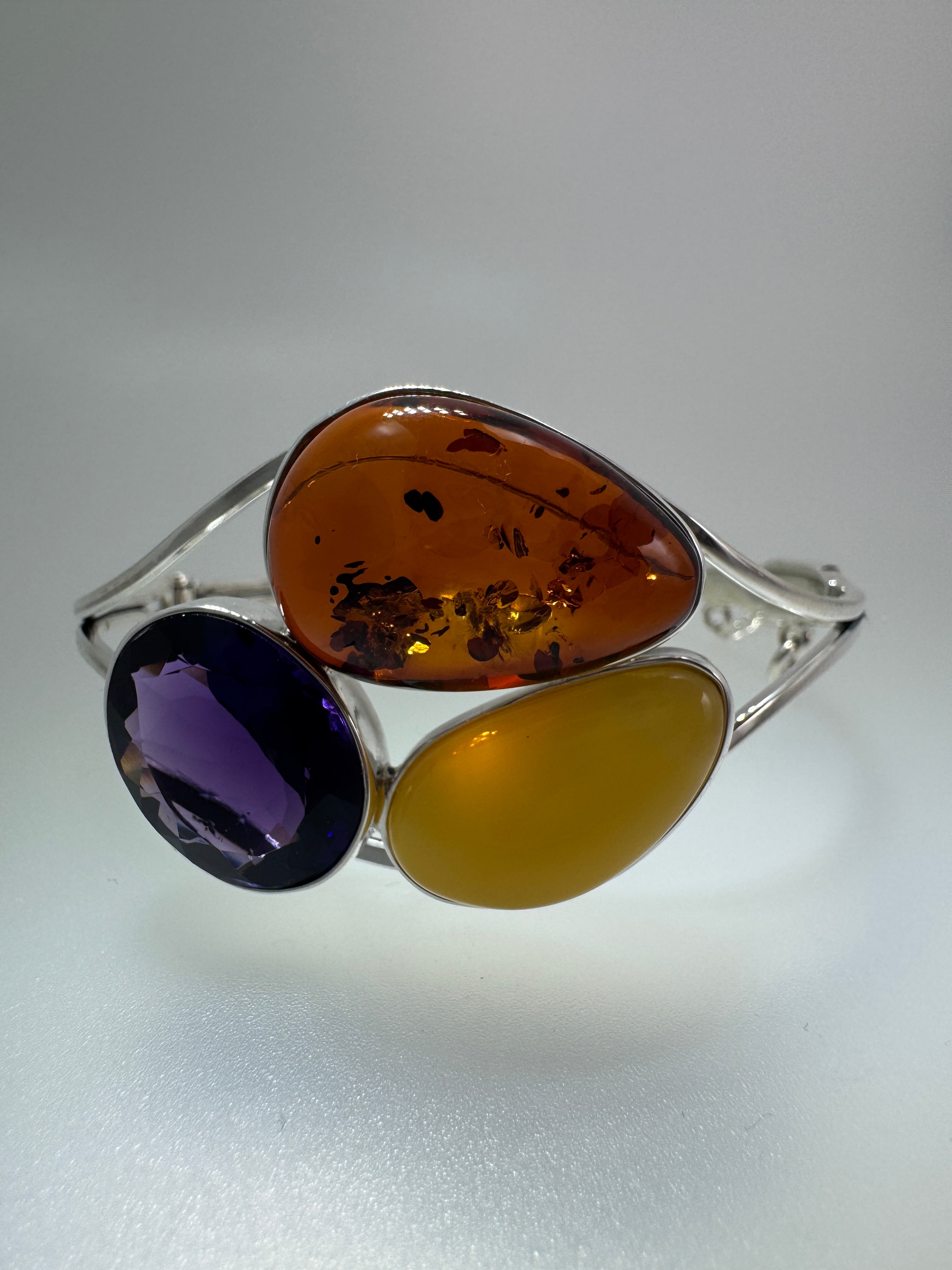 Sterling Silver Baltic Amber & Faceted Amethyst Cuff Bracelet – Handmade in Poland