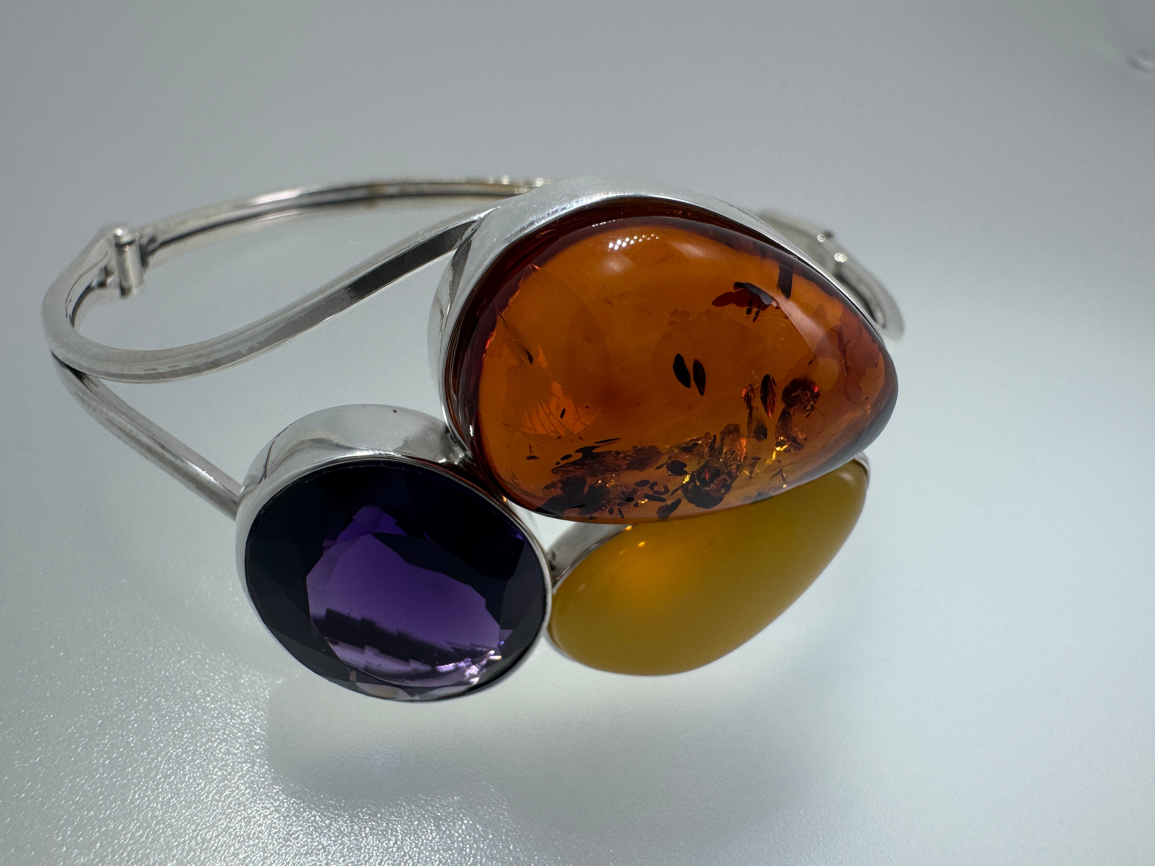 Sterling Silver Baltic Amber & Faceted Amethyst Cuff Bracelet – Handmade in Poland