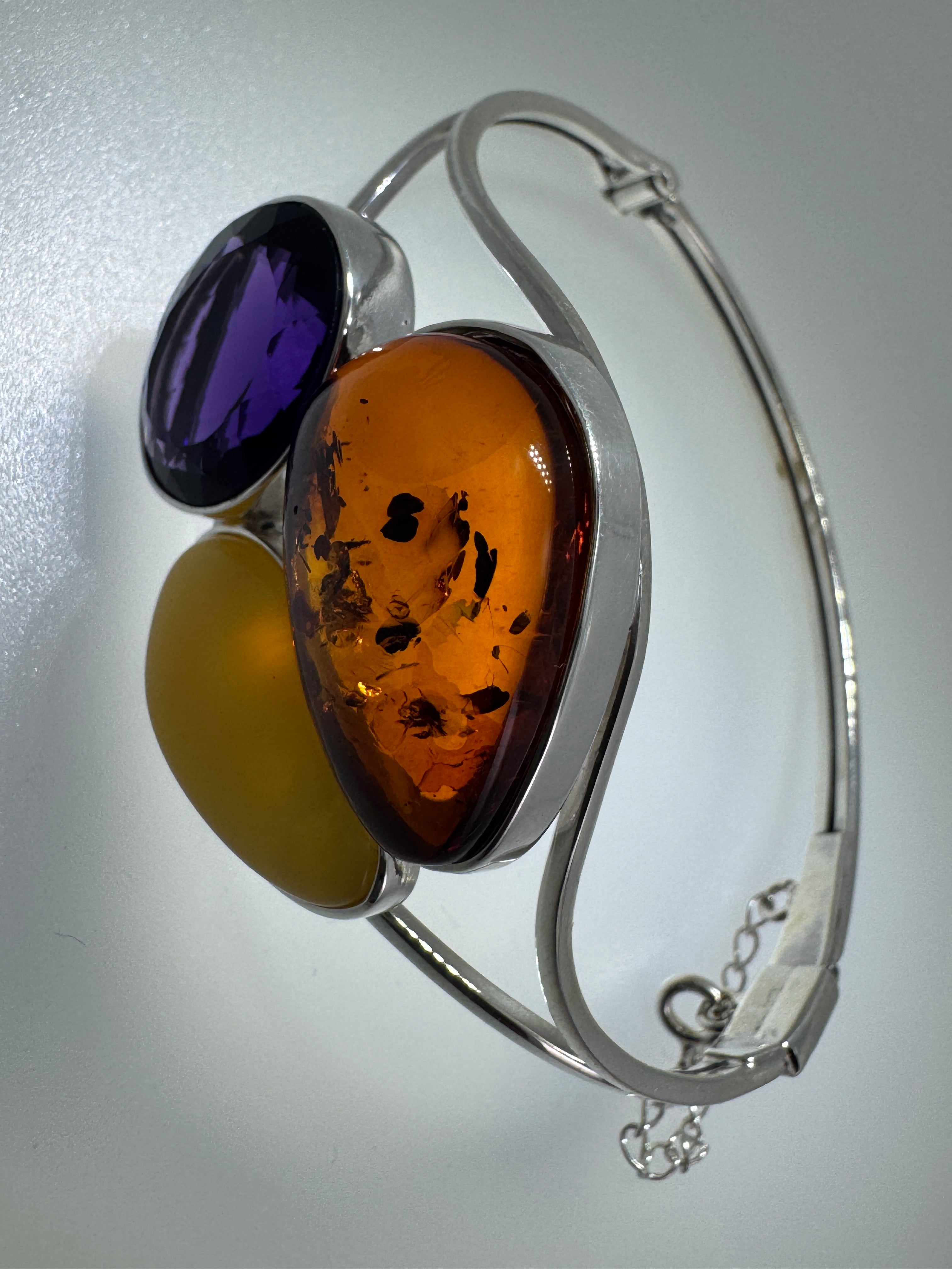 Sterling Silver Baltic Amber & Faceted Amethyst Cuff Bracelet – Handmade in Poland