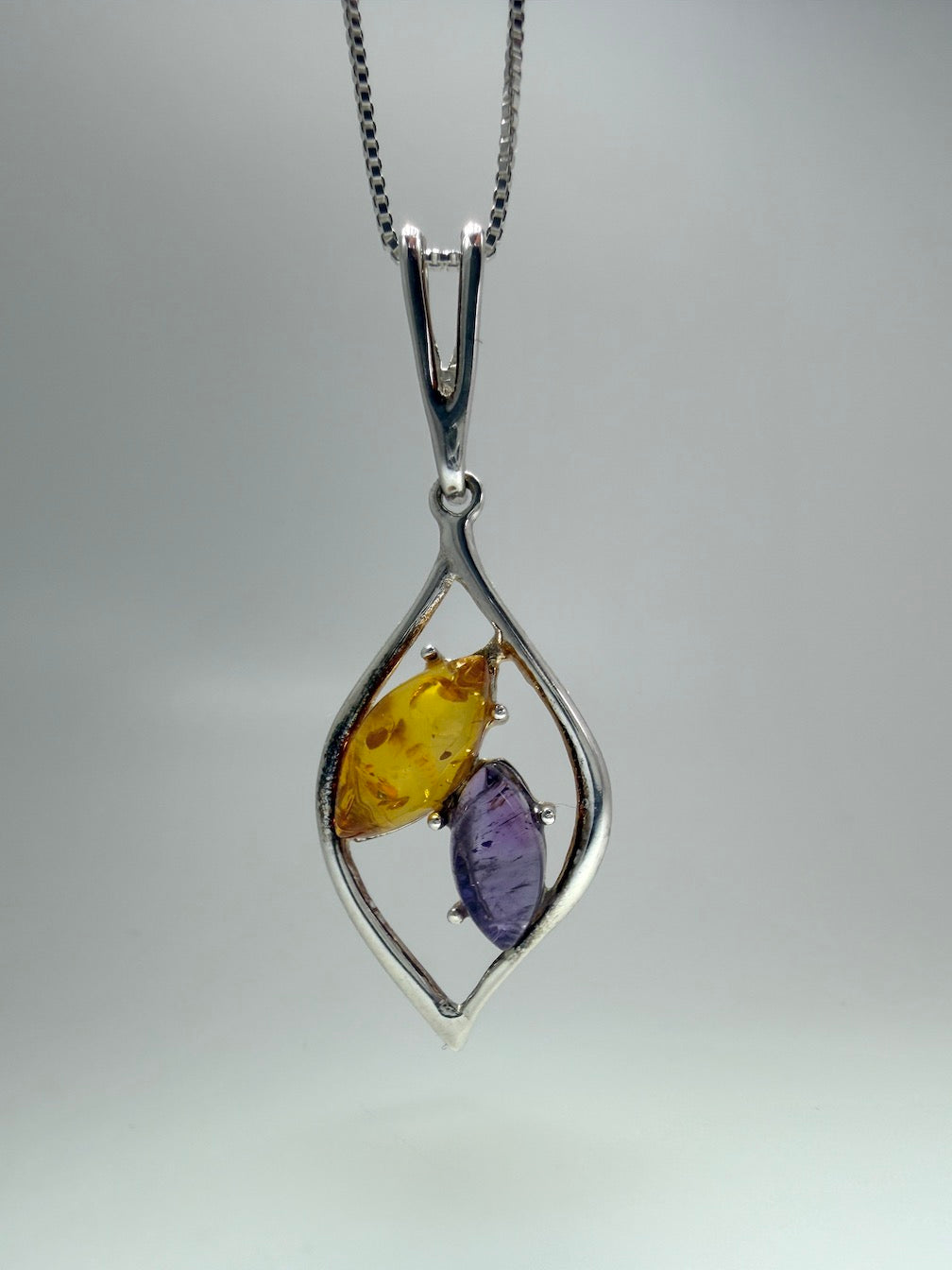 Sterling Silver Baltic Amber & Gemstone Marquise Pendant – Honey, Turquoise or Amethyst – Artisan Drop Necklace