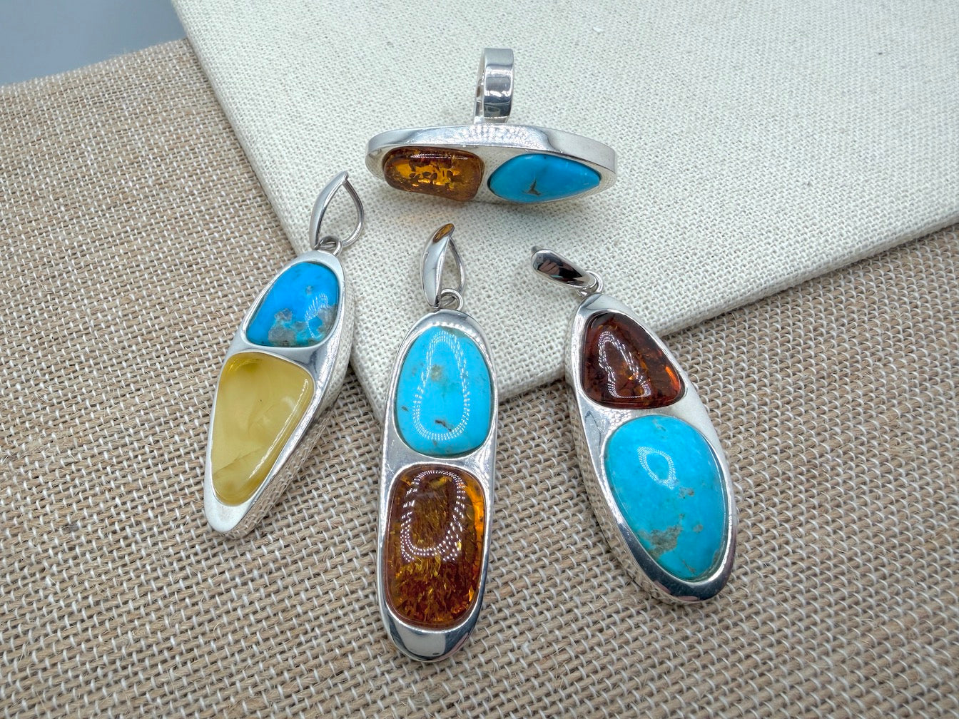 Sterling Silver Baltic Amber & Sleeping Beauty Turquoise Pendant – Handmade Modern Elongated Design – Snake Chain Necklace